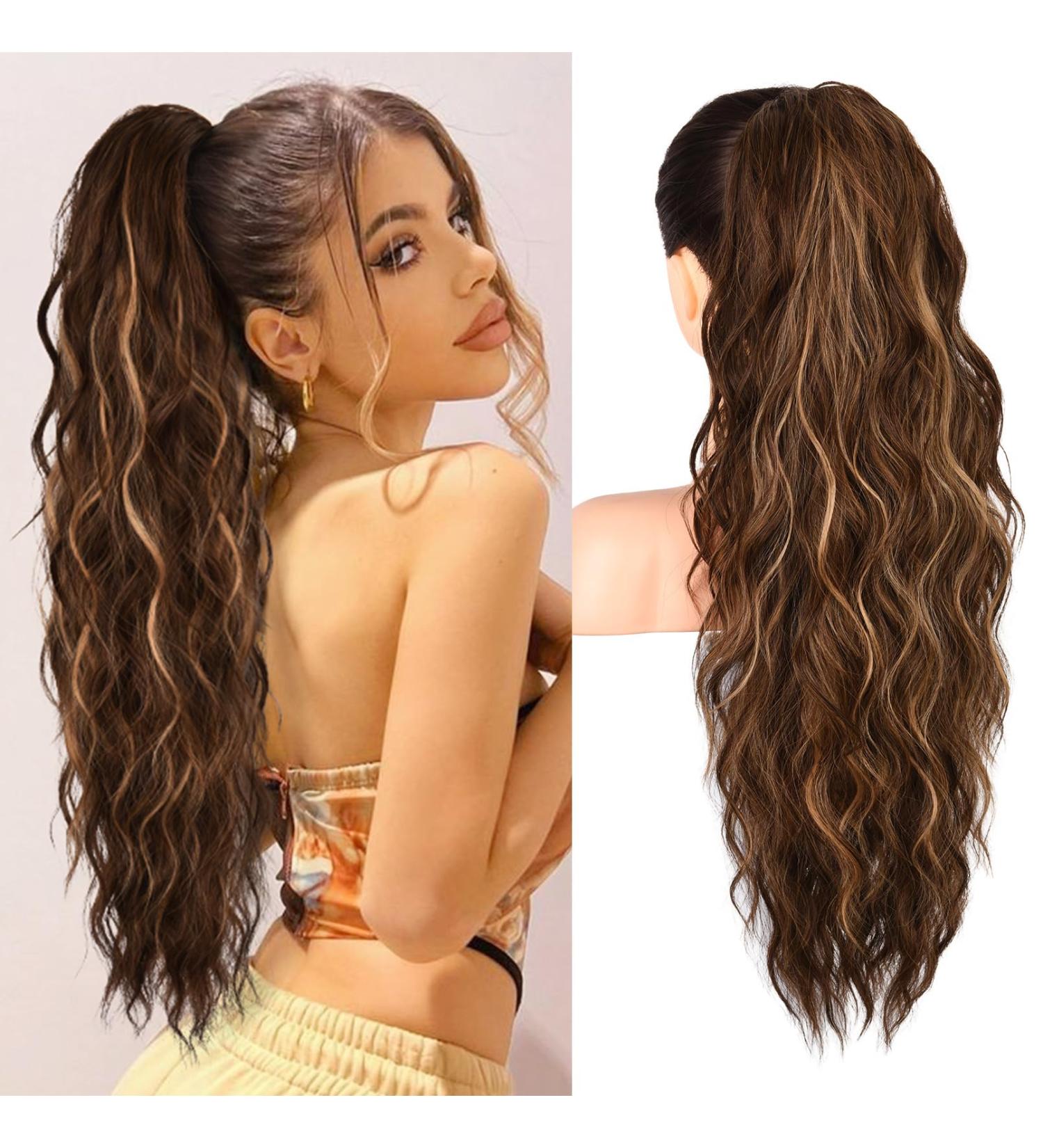 Brikabia 66cm Beach Wavy Ponytail Extension - Chestnut Brown Clip-In Hairpiece for Women - Buy Online on GoSupps.com
