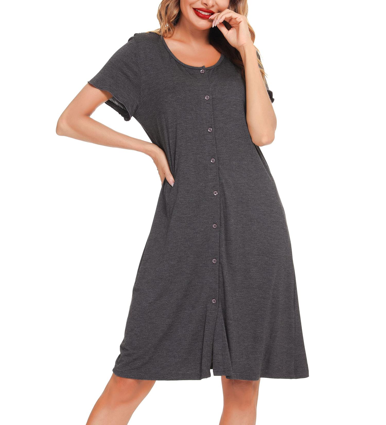 Lovasy Women's Dark Gray Nightdress with Buttons and Pockets - Buy Online on GoSupps.com