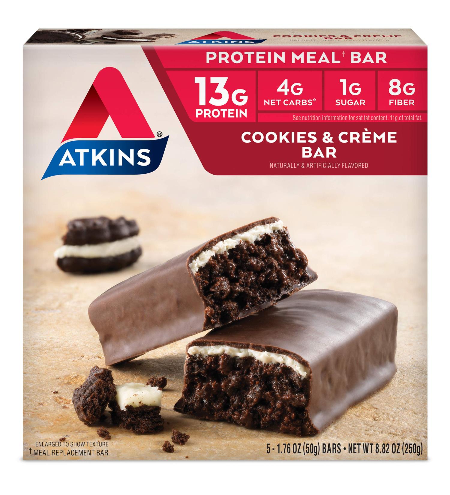 Atkins Protein Meal Bar Cookies & Creme 5 Count - Keto Friendly - Cookies And Cream (Pack of 1) - Buy Online on GoSupps.com