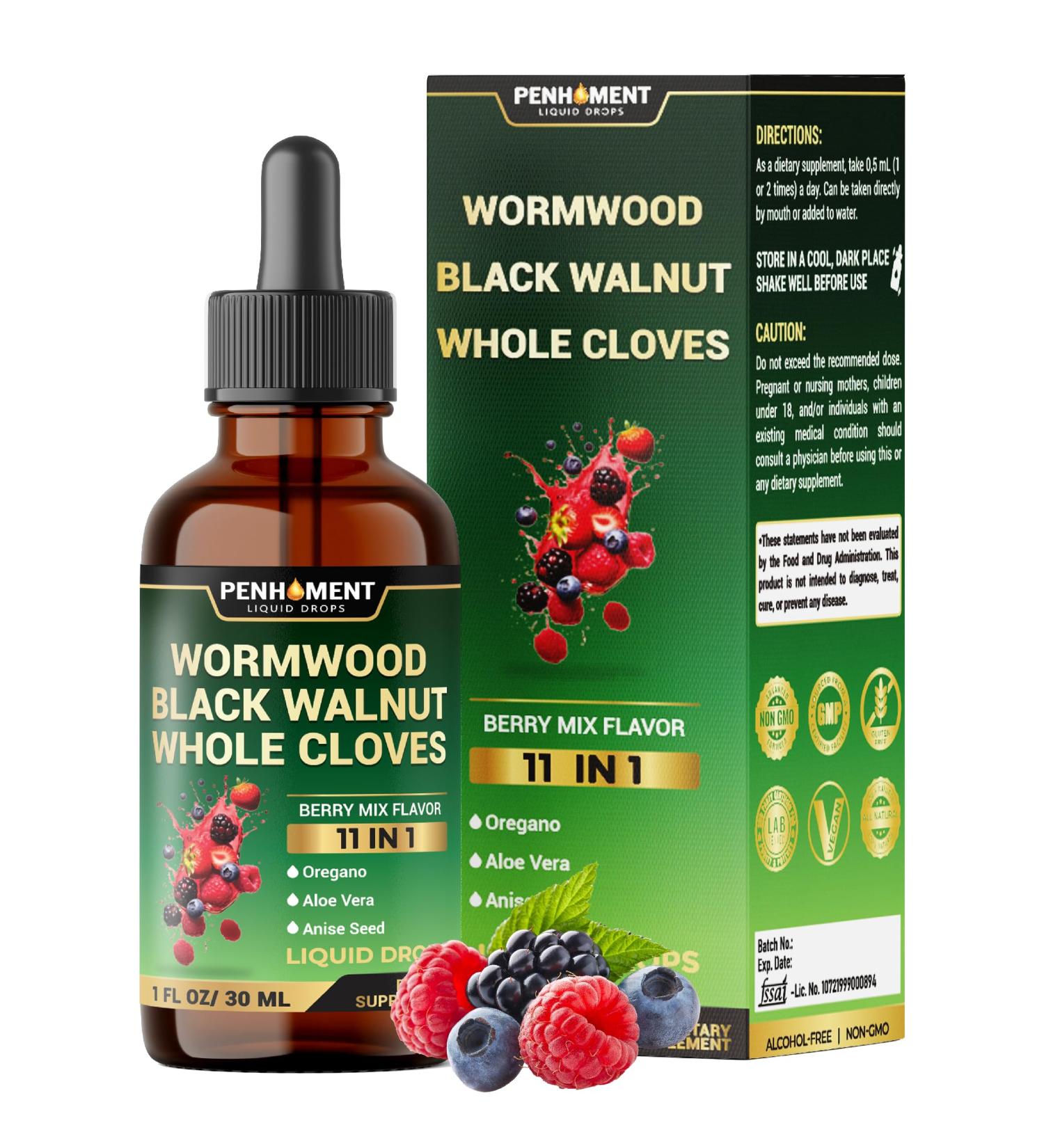 Penhoment 10in1 Wormwood Tincture - Black Walnut, Whole Cloves, Reishi Mushroom & 4 More - Wormwood Liquid Drops - 1 FL OZ for 2 Months Supply - Berry Mix Flavor - Buy Online on GoSupps.com