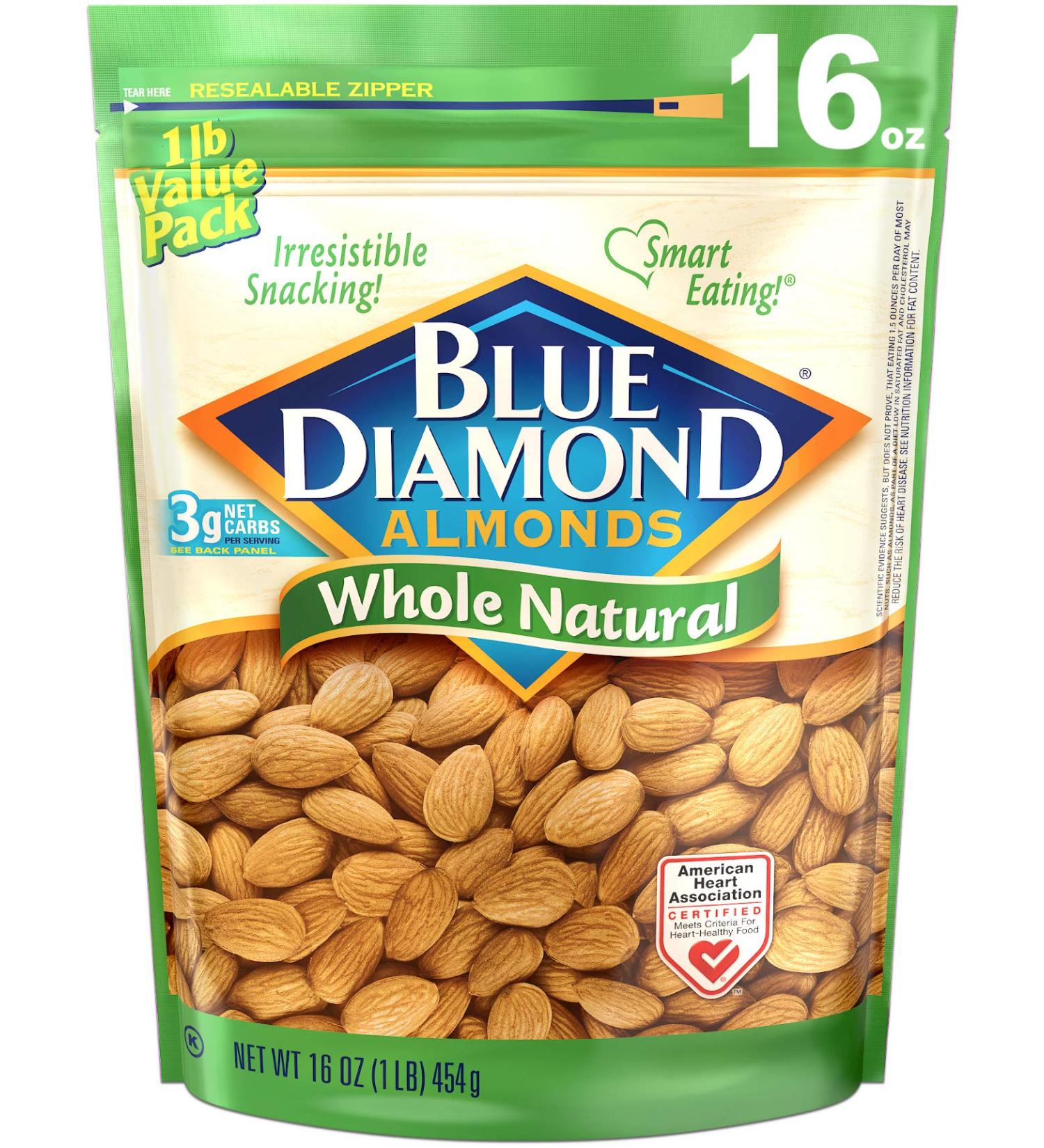 Blue Diamond Almonds Raw Whole Natural 16 Oz - Premium Quality Almonds for Healthy Snacking - Buy Online on GoSupps.com