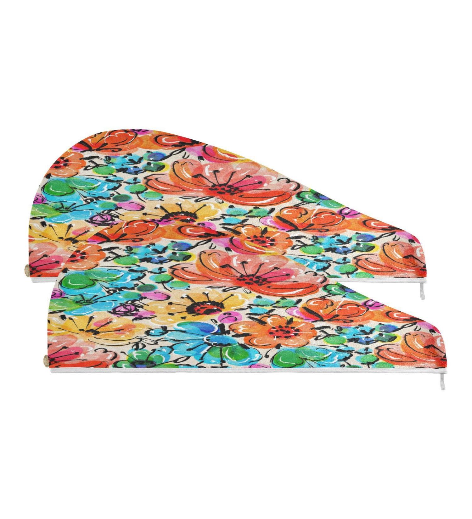 Bright Painting Flowers Dry Hair Cap - 2 Piece Quick Drying Towel Set with Button Headband | Super Absorbent & Soft Comfort - Buy Online on GoSupps.com