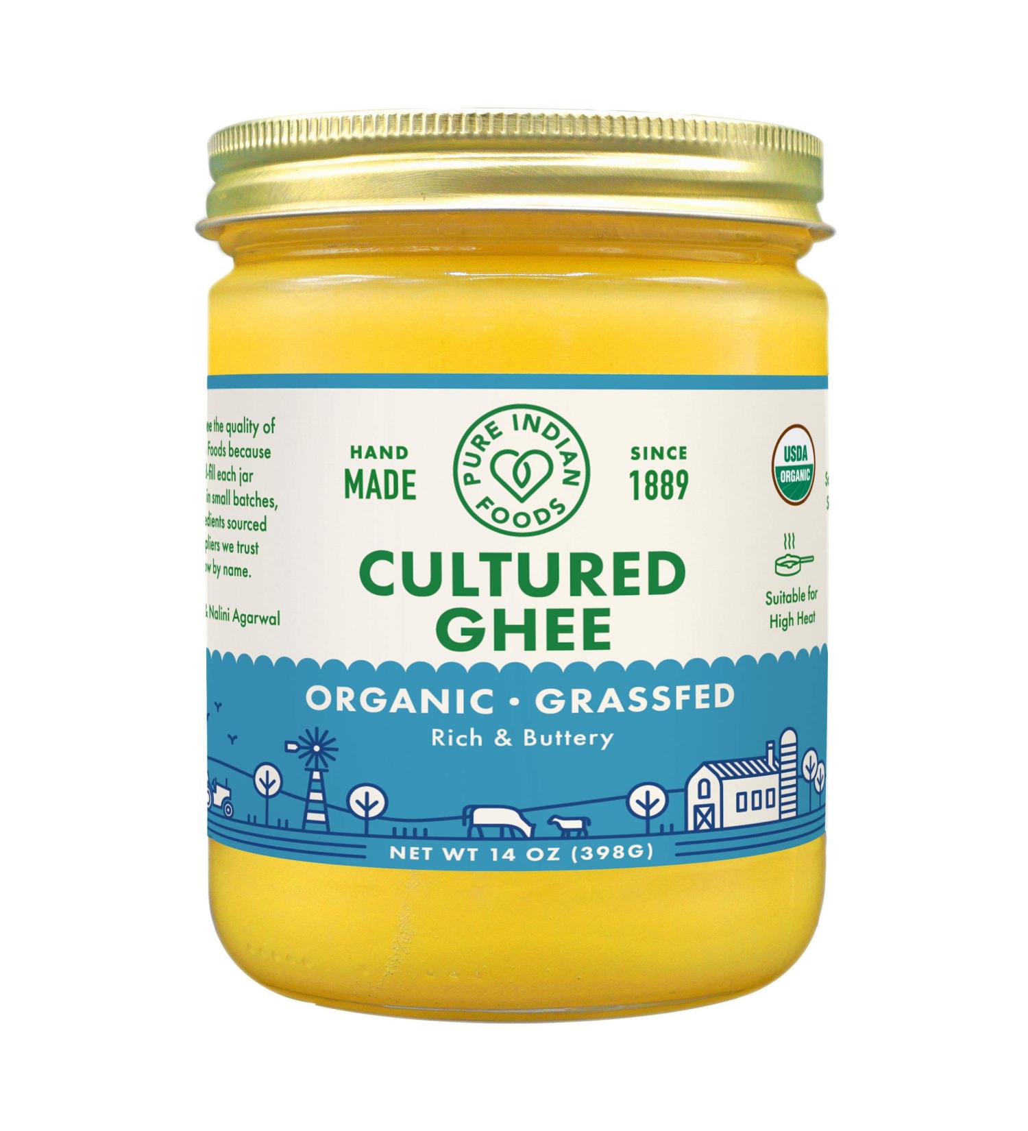 Pure Indian Foods Grassfed Organic Cultured Ghee 14 oz - Pasture Raised, Lactose-Free, Gluten-Free, Non-GMO, Paleo, Keto-Friendly - Batch Tested for Casein and Whey - 1 Pack - Buy Online on GoSupps.com