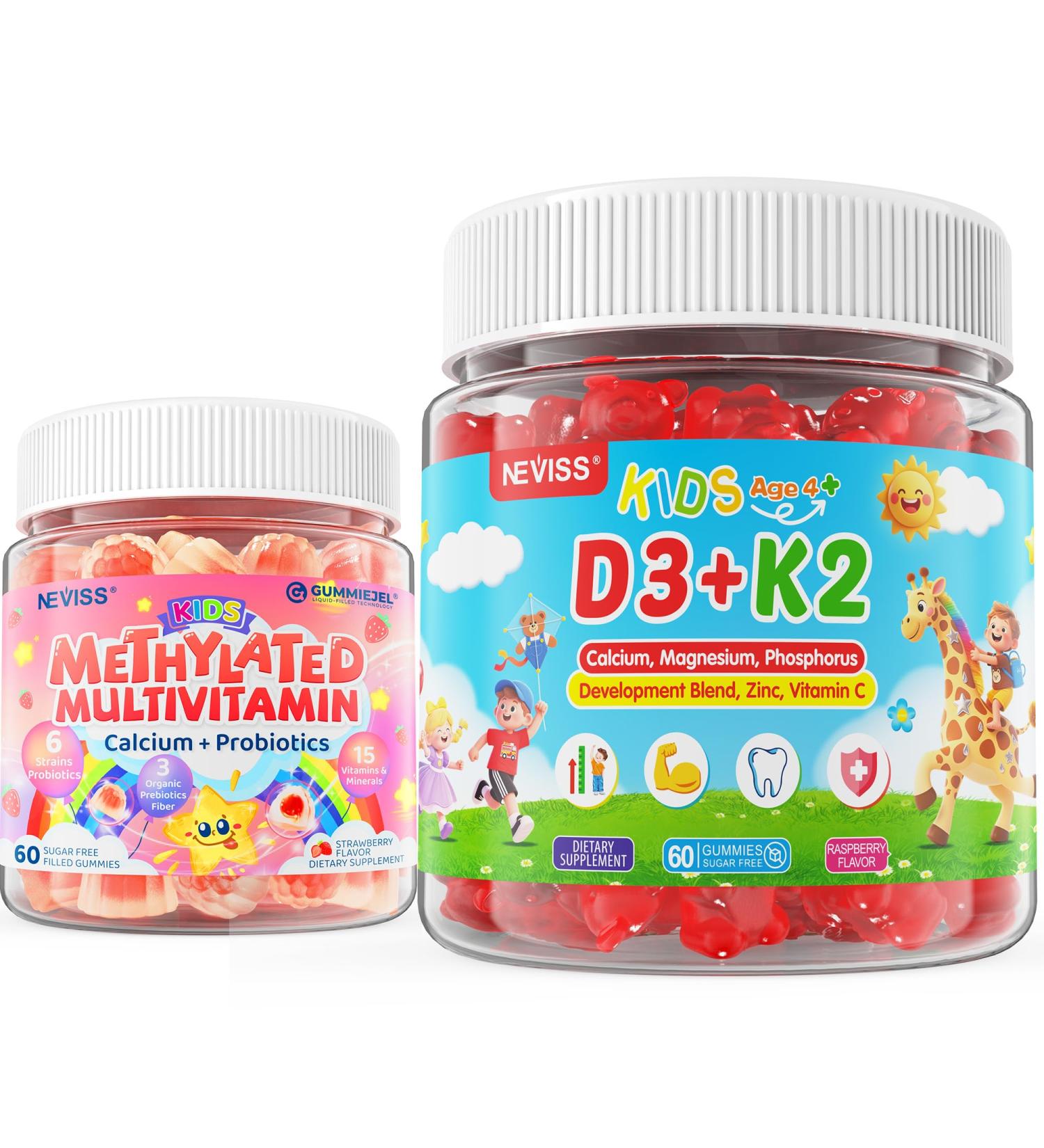 NEVISS Kids Vitamin D3 K2 Gummies 2 Pack + Kids Multivitamin Gummies 1 Pack - Buy Online on GoSupps.com