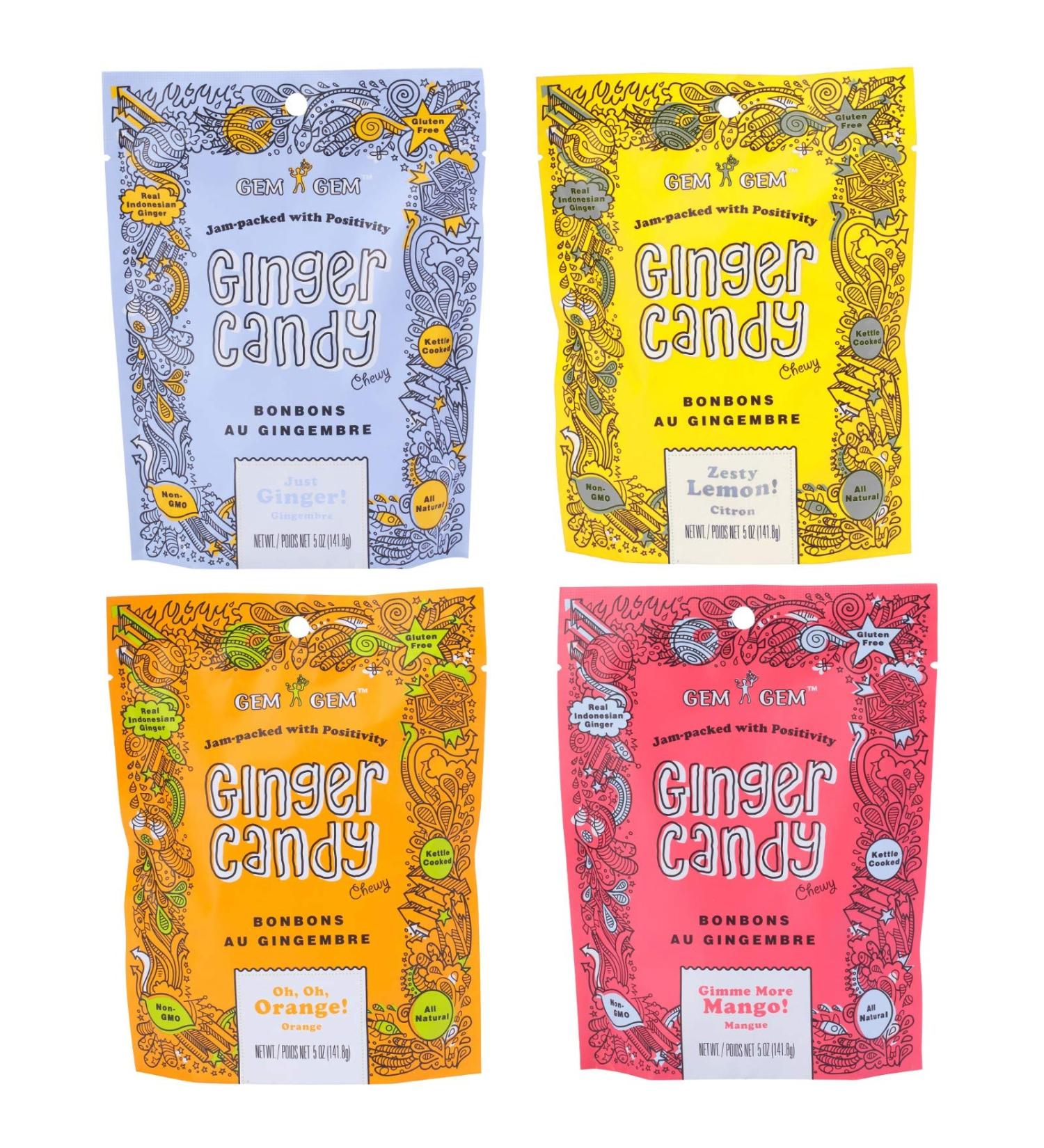Gem Gem Ginger Candy Chewy Ginger Chews (Assorted Mix, 5.0oz, Pack of 4)