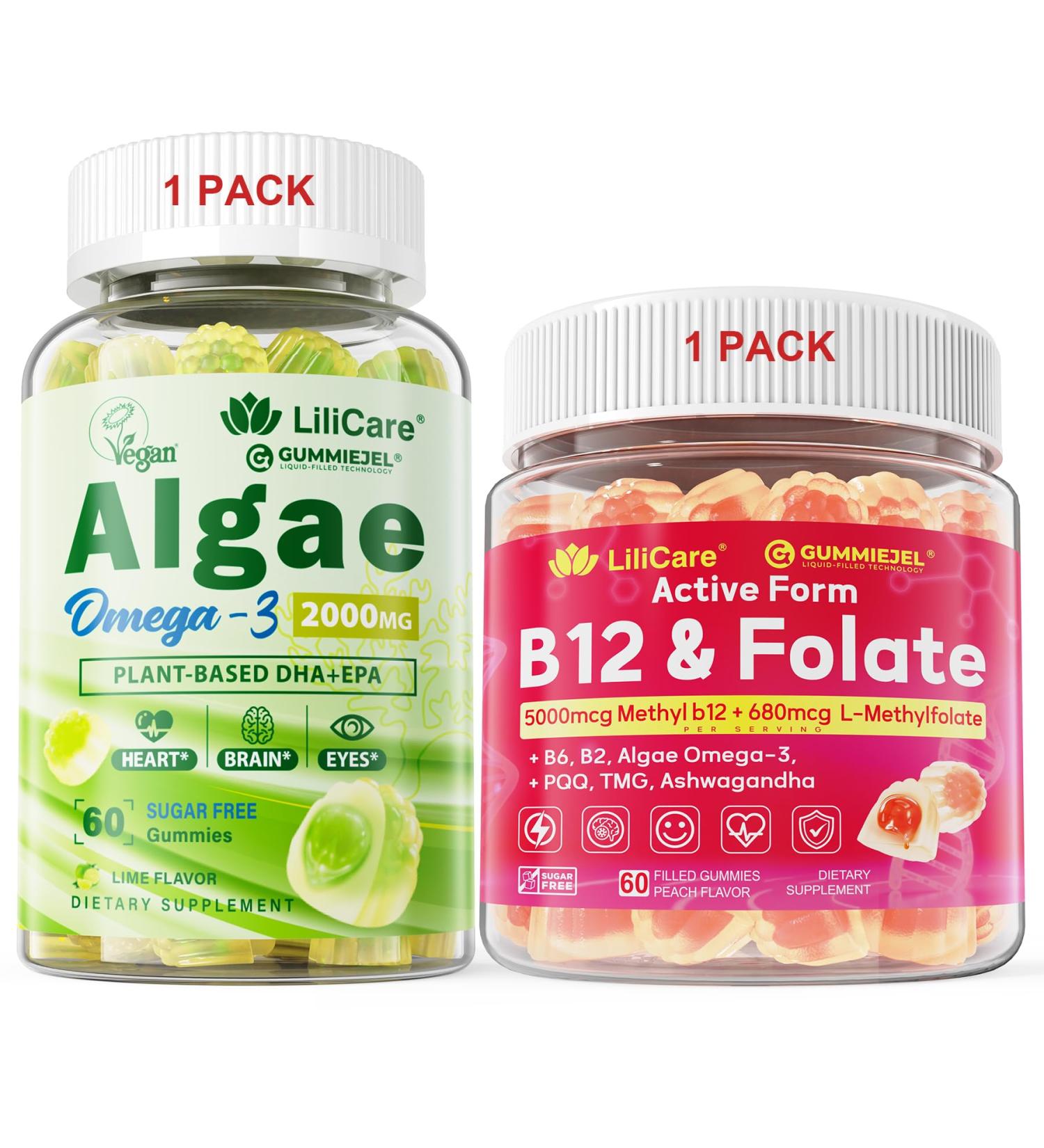 Bundle: Algae Omega 3 Gummies 1 Pack & Methyl B12 + L-Methylfolate Gummies 1 Pack - Buy Online on GoSupps.com