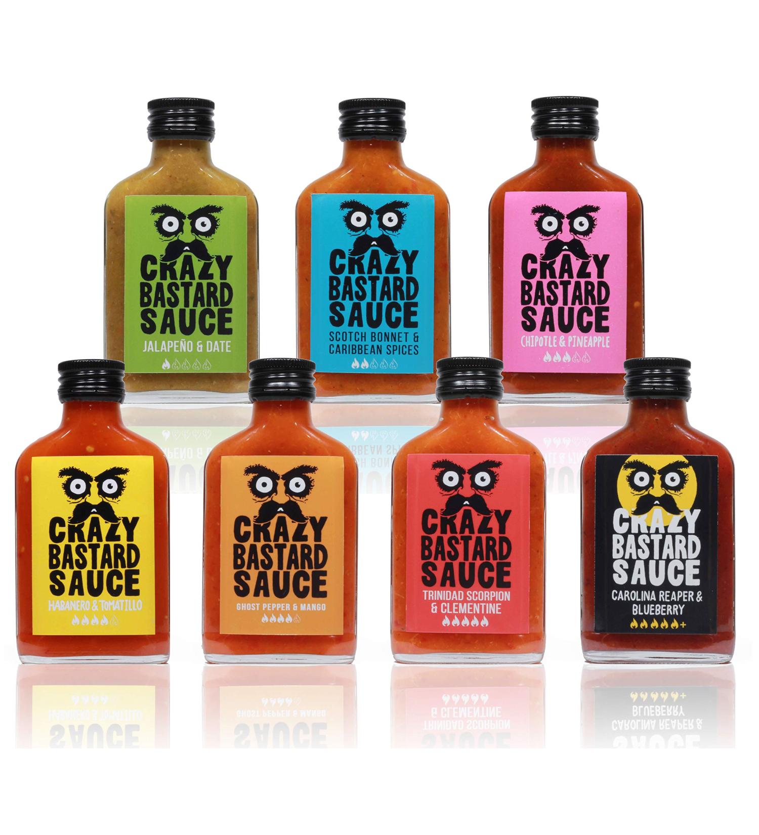 Crazy B Sauce - 7 x Sweet to Extremely Strong Chilli Sauces (7 x 100ml Bottles) - Gift Set for Grilling and Chilli Fans - Buy Online on GoSupps.com