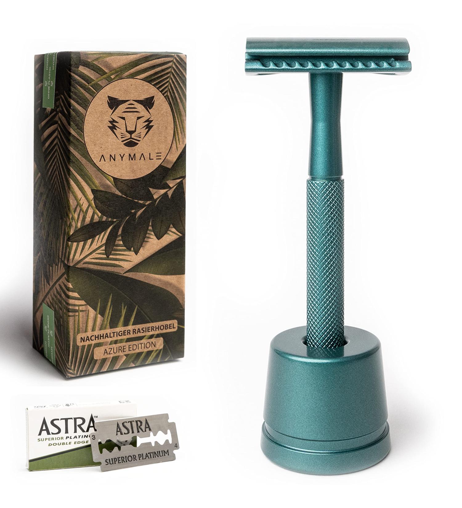 Anymale Plastic-Free Razor Plane Azure Edition - Eco-Friendly Wet Razor Set for Men & Women with Stand & 5 Astra Blades - Emerald Green - Buy Online on GoSupps.com