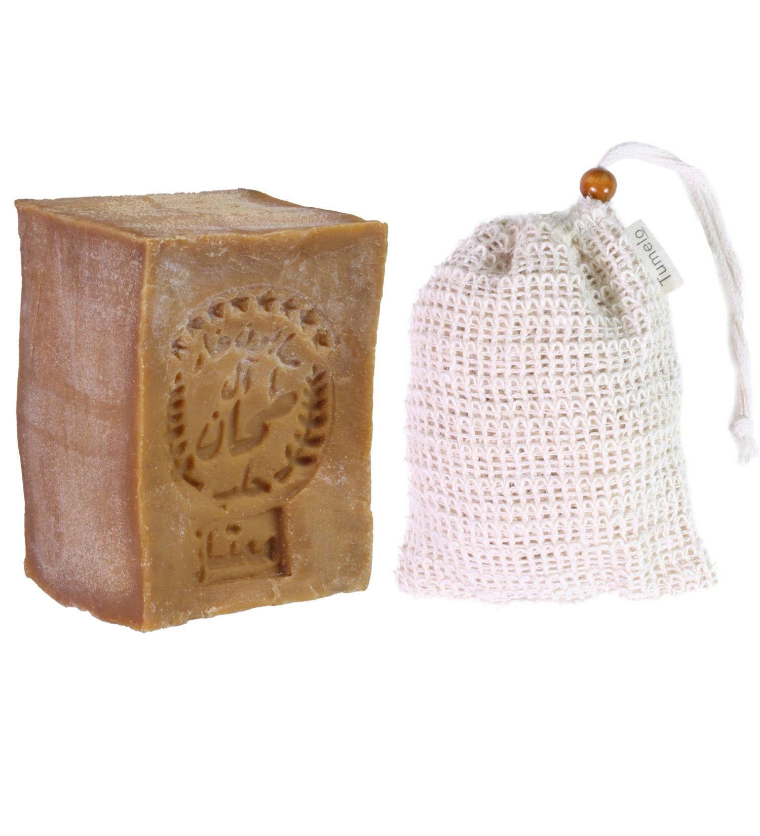 TUMELO Original Aleppo Soap 200g 90% Olive Oil 10% Laurel Oil + Soap Pouch - Handmade Olive Oil Soap - Natural Soap - Solid Hair Soap/Shower Soap - Buy Online on GoSupps.com