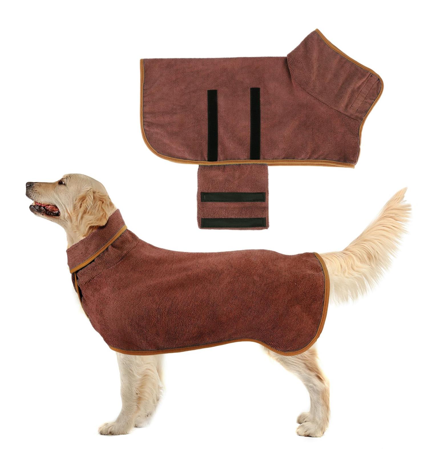 Extra Absorbent Microfiber Dog Bathrobe Towel - Fast Drying Hooded Coat for Large & Small Dogs - Adjustable Straps (Brown-L) - Buy Online on GoSupps.com