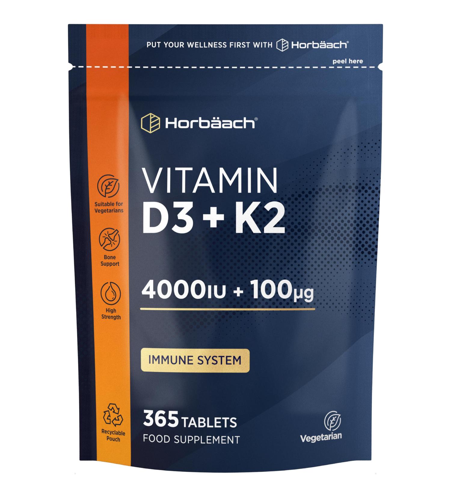 Vitamin D3 K2 High Strength Tablets | 365 Count | Vitamin D3 4000iu and Vitamin K2 MK7 100ug | Immune and Bone Support | Vegetarian | by Horbaach - Buy Online on GoSupps.com