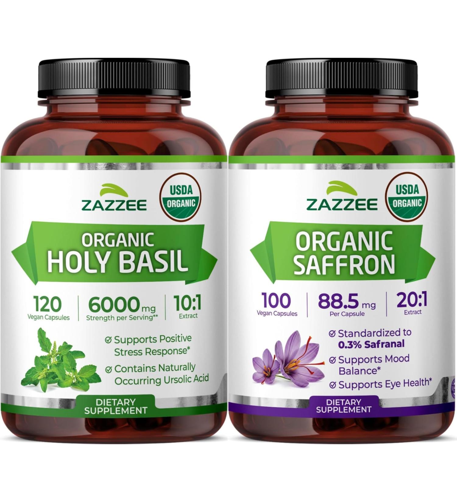 Zazzee Organic Adaptogen Support Bundle | USDA Organic Saffron 20:1 Extract Plus 10:1 Tulsi Holy Basil Extract Capsules | Non-GMO Vegan & ISO Lab Tested - Buy Online on GoSupps.com