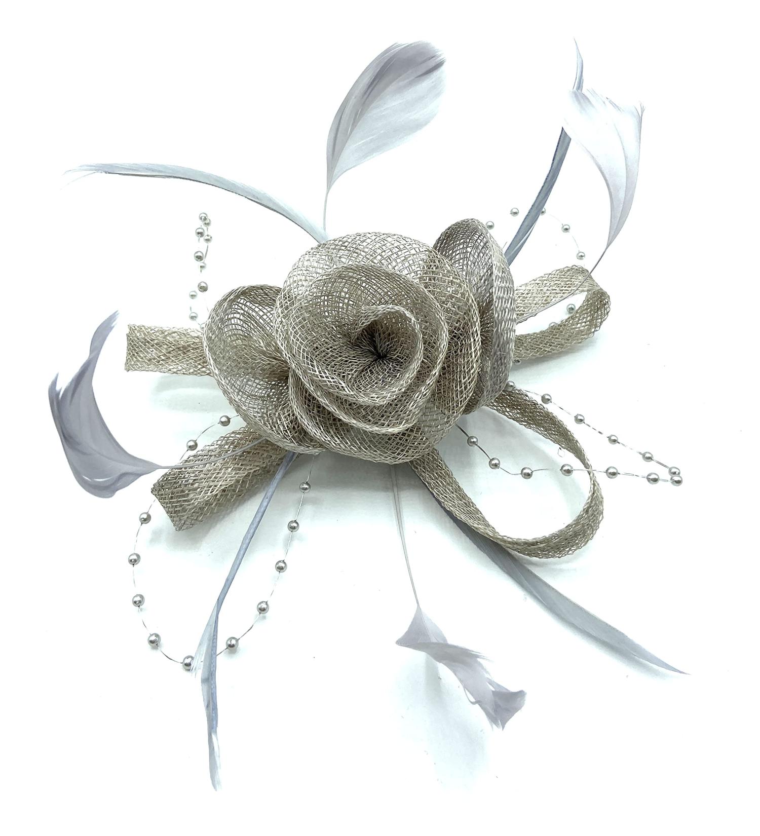 Silver Grey Ladies Feather Beaded Fascinator Clip for Weddings, Races, Royal Ascot - Buy Online on GoSupps.com