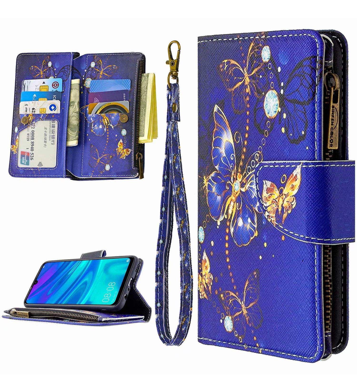 Miago 9 Card Slots Leather Cover for Huawei Y7 2019 - Colorful Zipper Flip Wallet Case Blue Butterfly Design | Protective PU Leather Pocket Case - Buy Online on GoSupps.com