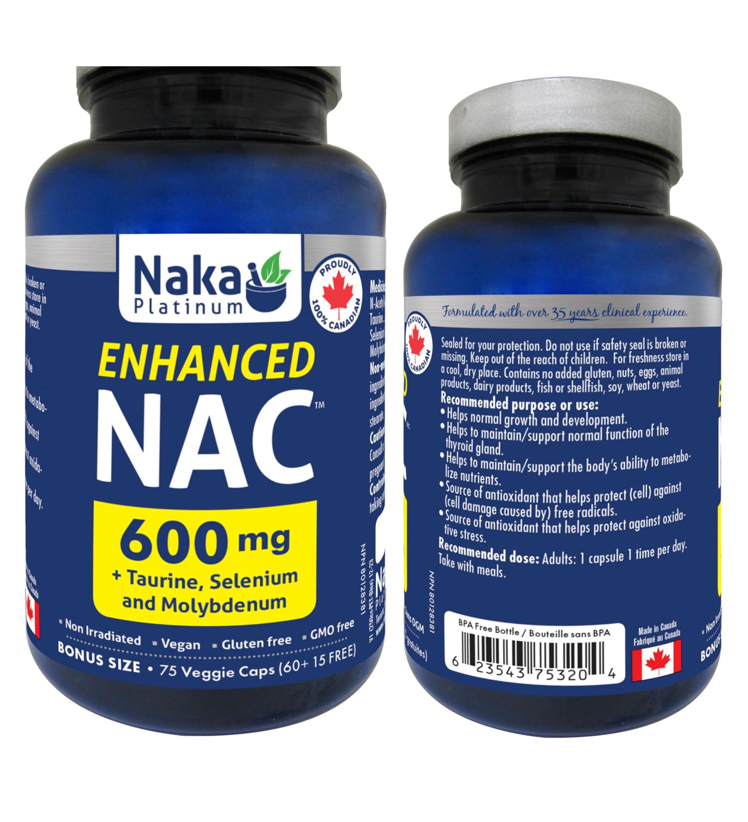 Naka Platinum Enhanced NAC 600mg (N-Acetyl-L-Cysteine) added Taurine Selenium and Molybdenum Made in Canada (75 vcaps) 75 count (Pack of 1) - Buy Online on GoSupps.com