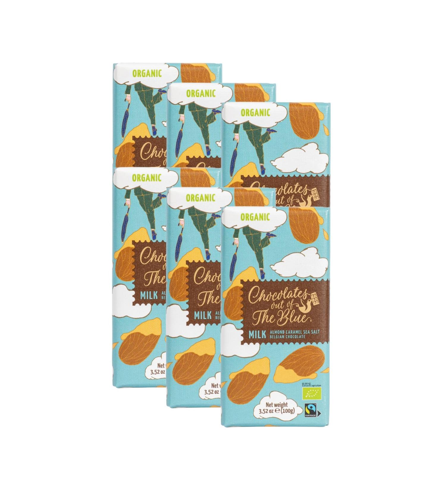 Chocolates out of the Blue | Fair Trade and Organic Belgian Milk Almond Caramel Sea Salt Chocolate Bars | 100g x 6 bars - Buy Online on GoSupps.com