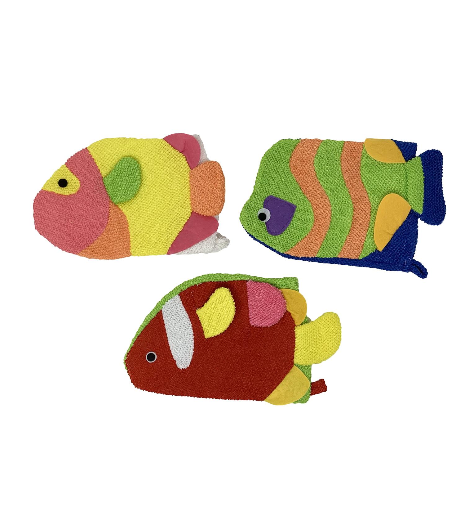 Colorful Fish Glove Washcloth and Loofah Set - Ideal for Kids and Adults Bath/Shower - Assorted Colors - Wholesale Bulk Lot - Buy Online on GoSupps.com