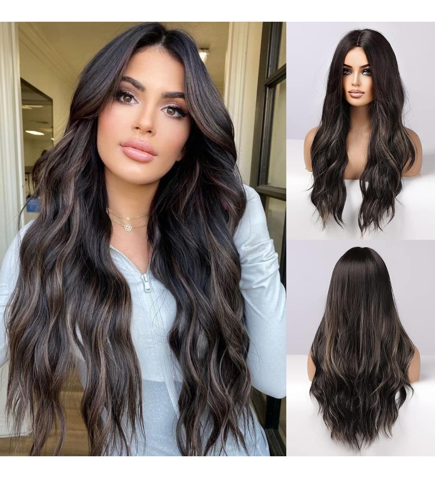 EMMOR 26 Long Black Wig for Women - Natural Synthetic Hair, Curly Wavy Style with Blonde and Black Highlights - Buy Online on GoSupps.com