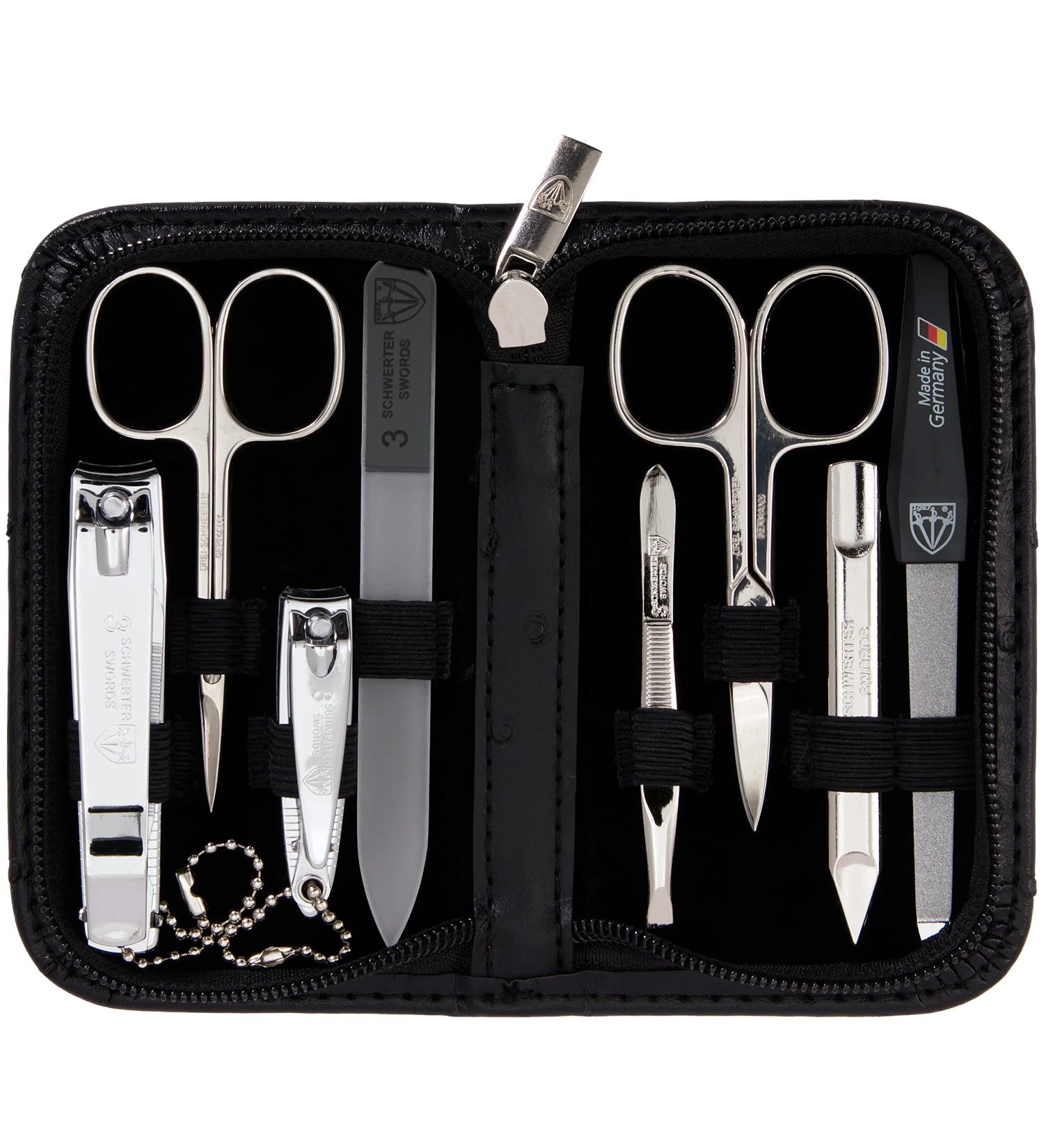 Three Swords Manicure Set 'Roma' - 8 Pcs High-Quality Nail Care in Ostrich Leather Etui | Nail Scissors Clippers Tweezers & Glass Files - Buy Online on GoSupps.com