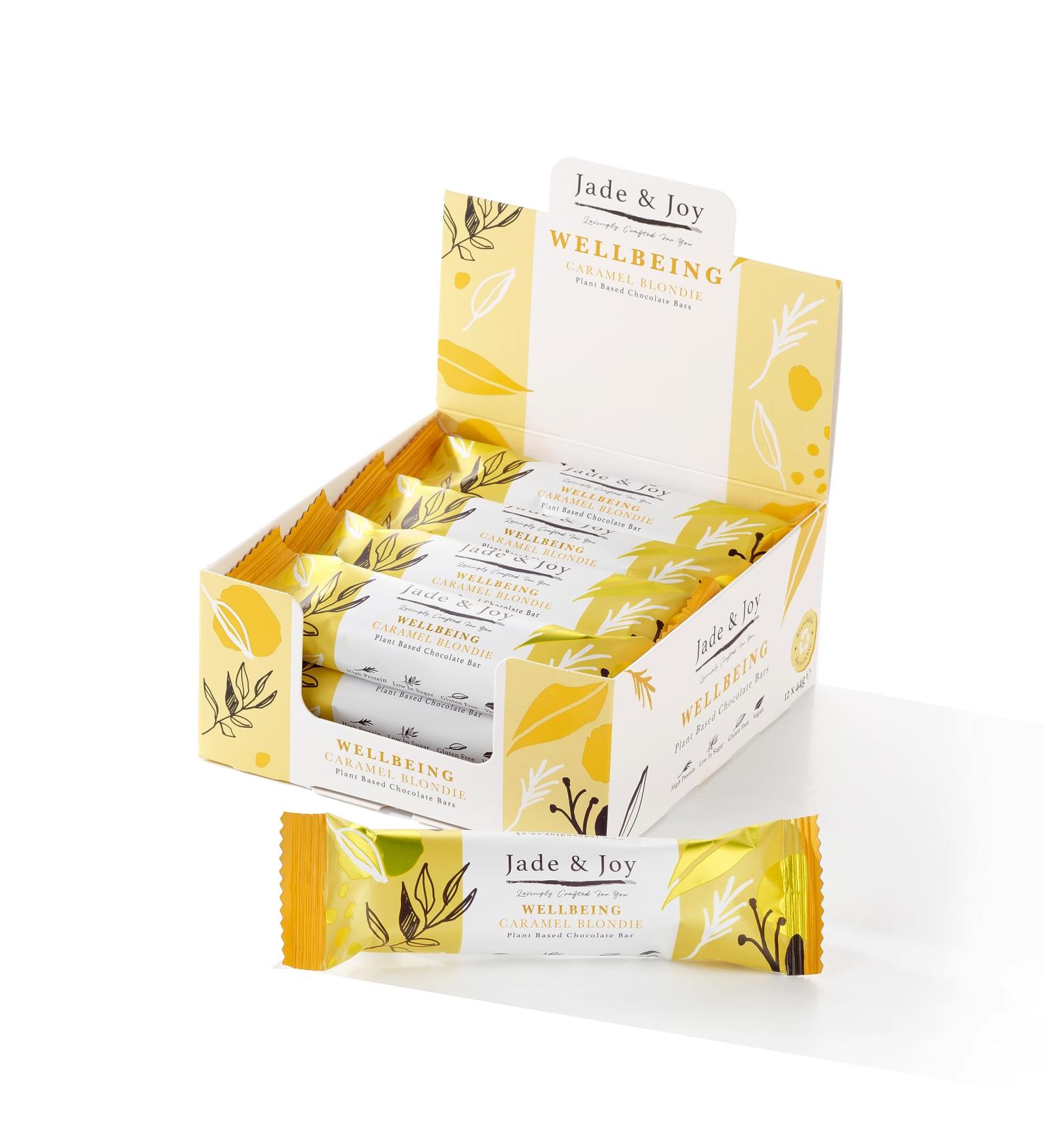 Jade & Joy Wellbeing Caramel Blondie - Low Calories High in Protein and Fibre Low in Sugar Gluten and Dairy Free - 12 x 44g - Buy Online on GoSupps.com