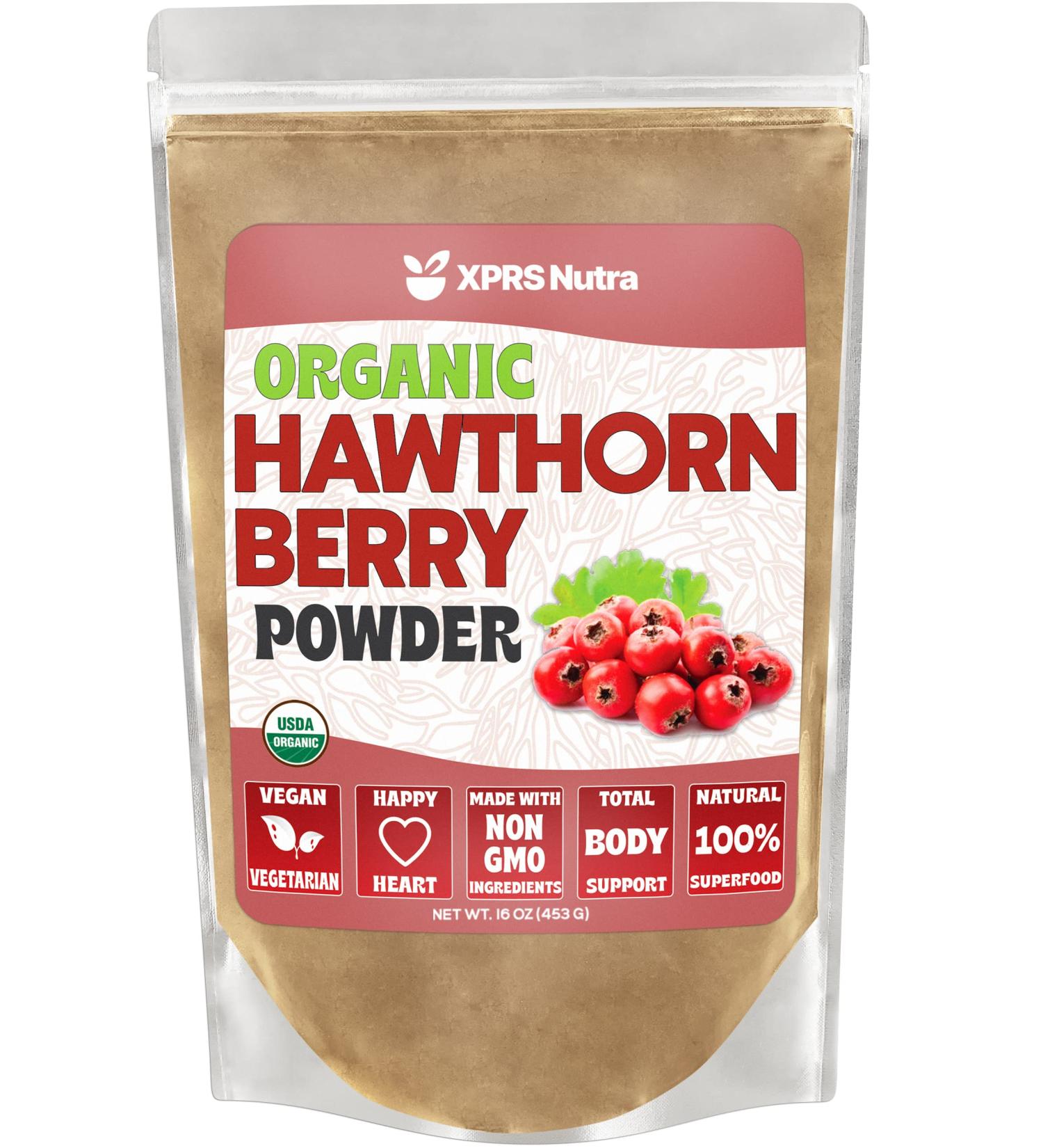 XPRS Nutra Organic Hawthorn Berry Powder - Premium USDA Certified Cardiovascular Support Supplement - Vegan Friendly 16oz - Buy Online on GoSupps.com