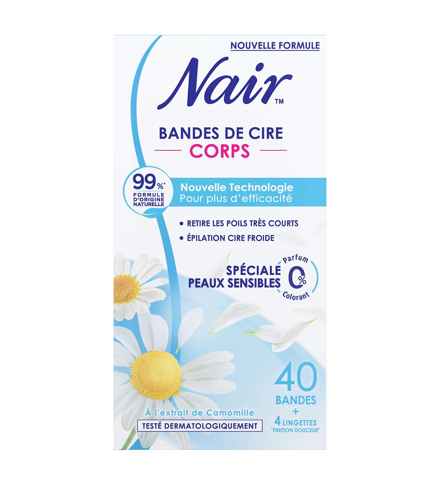 NAIR - Cold Wax Strips for the Body, Special for Sensitive Skin, with Chamomile Extract, 99% Natural Origin, 40 Strips +