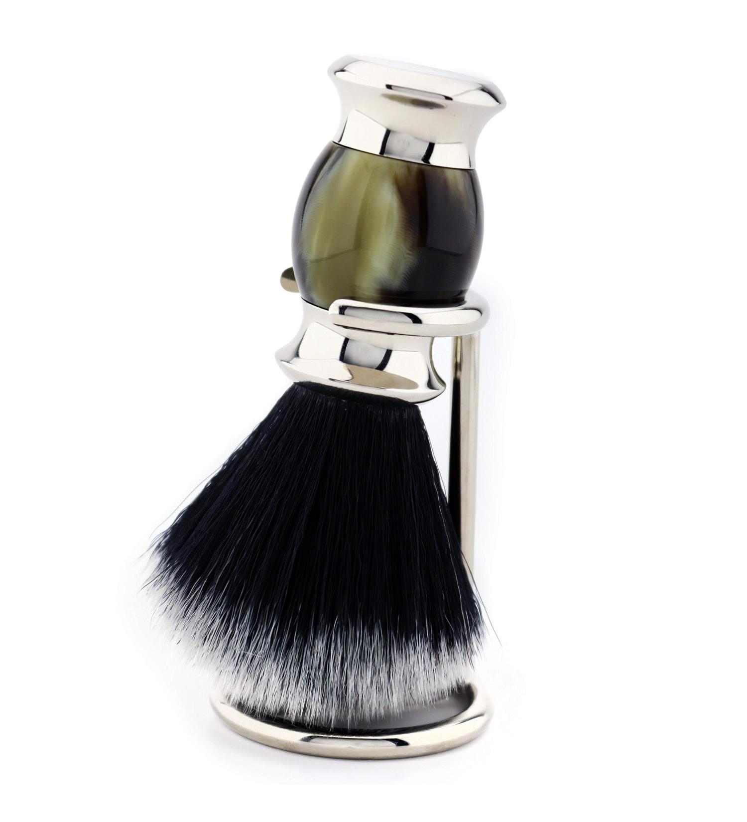 Shaving brush made of synthetic hair horn handle synthetic resin with steel holder black