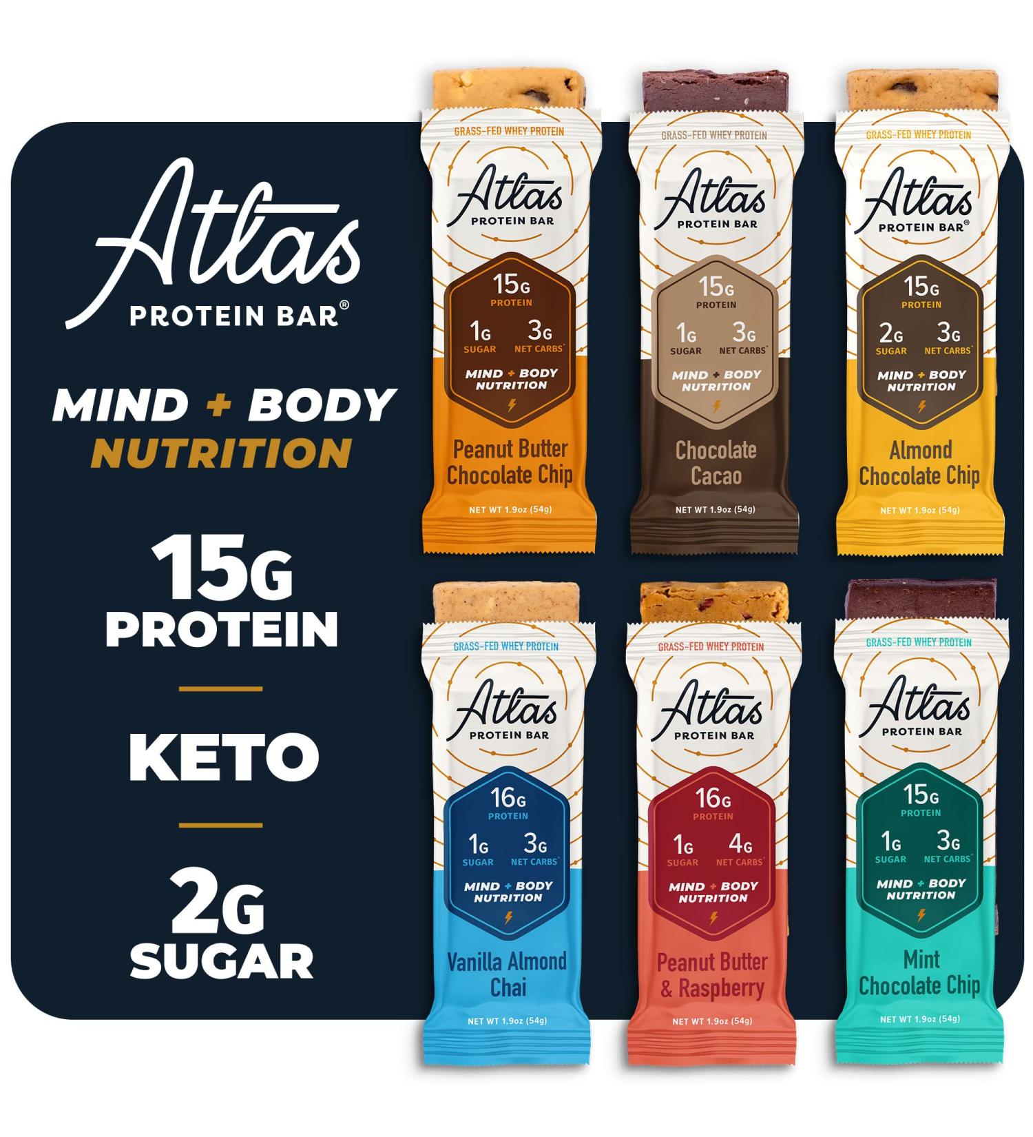 Atlas Mind + Body Keto Protein Bar - Ultimate Variety - Low Carb, High Fiber, Organic Ashwagandha - 10 Count (Pack of 2) - Buy Online on GoSupps.com