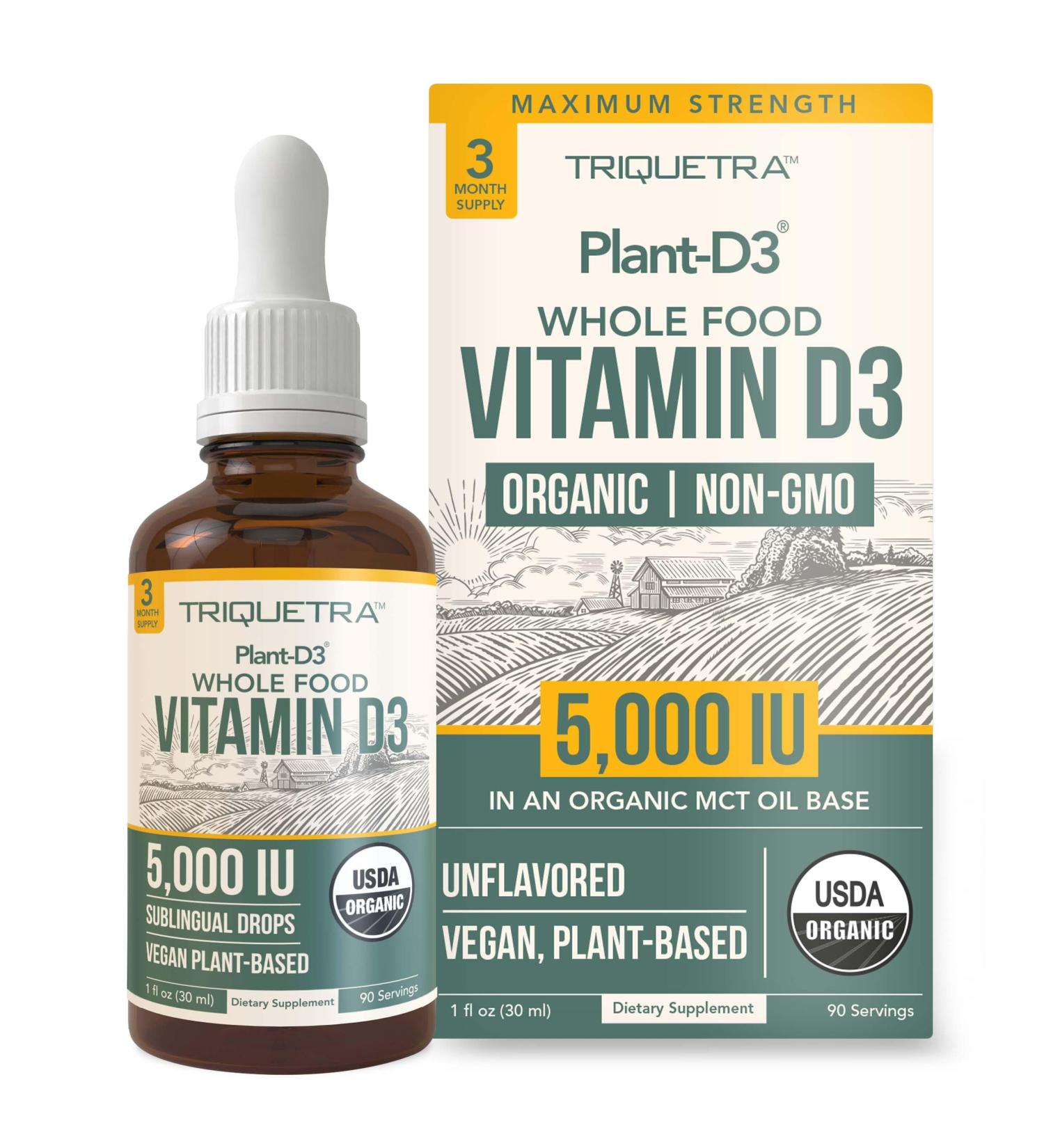 Plant-D3 Organic Vitamin D3 5000 IU Sublingual Liquid Drops - Vegan & High Absorption - 100% Plant-Based Cholecalciferol - Adjustable Dosing - 1oz Bottle - Buy Online on GoSupps.com