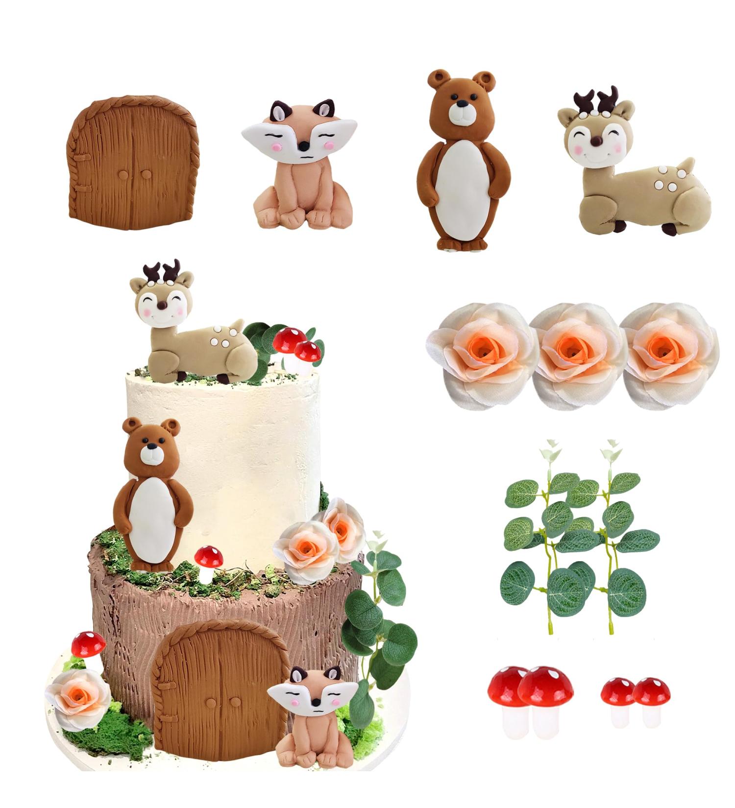 Forest Woodland Animal Cake Toppers Fox Bear Deer Flower Cake Decorations for Oh Baby Woodland Themed Birthday Party (flowers) - Buy Online on GoSupps.com