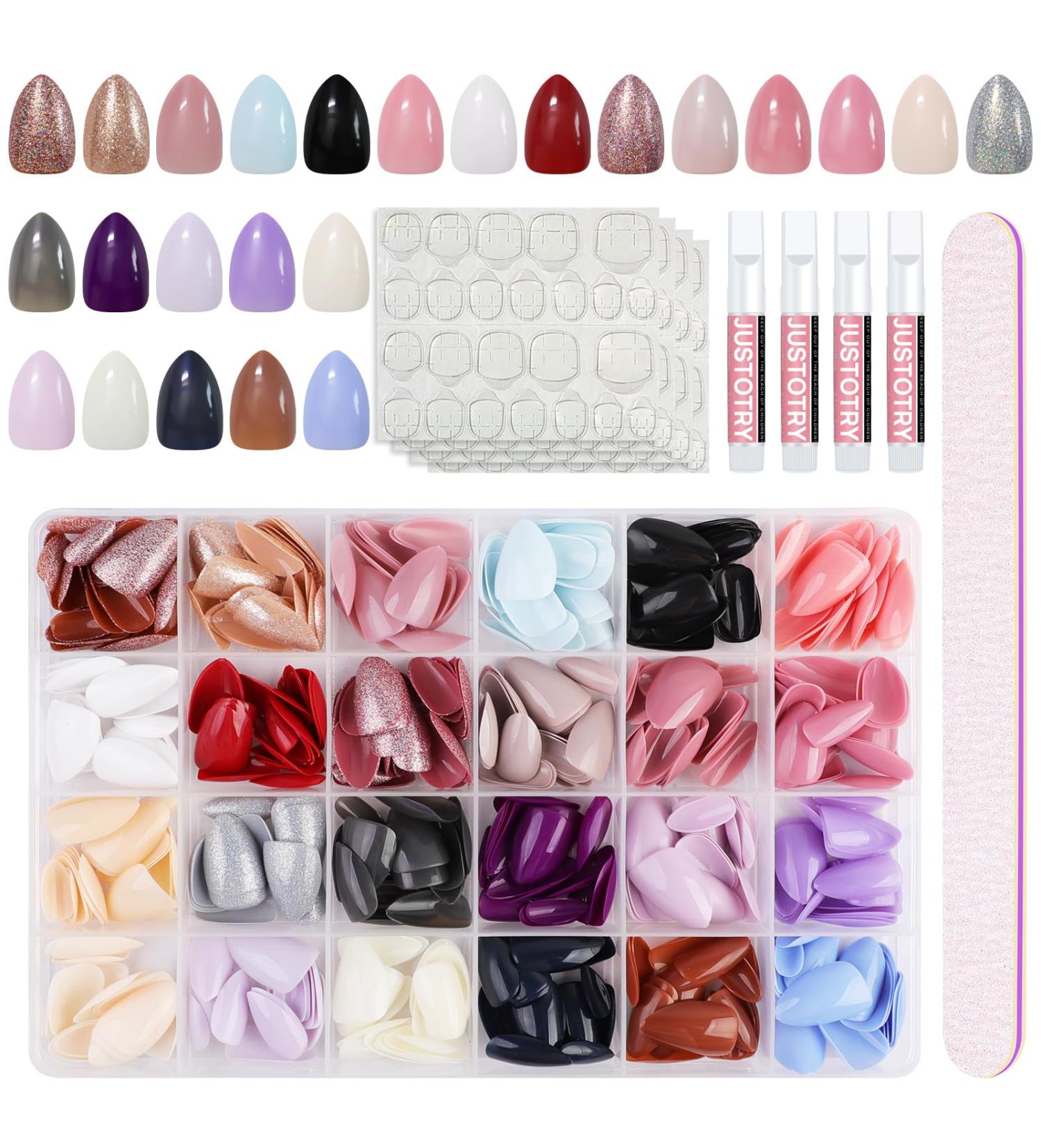 Justotry 576 Pieces Gel Almond Glitter Press On Nails Set with Glue - Short Colourful Artificial Nails for a Glossy Finish - Includes Nail File and Jelly Oval Fingernails - 24S03 - Buy Online on GoSupps.com