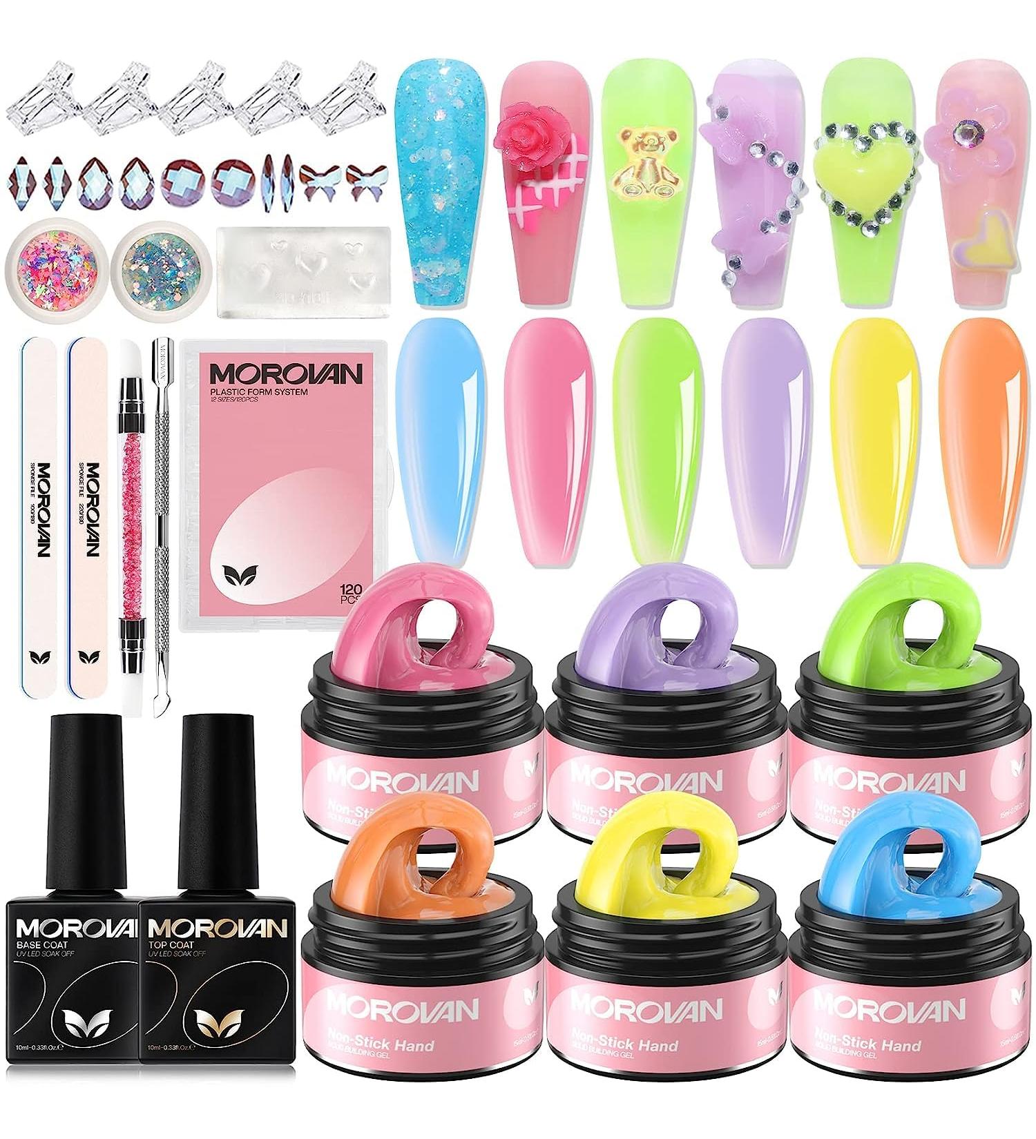 Morovan Solid Builder Gel for Nails - 6 Colors Solid Builder Gel Nail Kit Non Sticky Hard Gel Nail Builder Extension and 3D Structure Gel for Solid Builder Nail Gel with Base Coat Top Coat Glitter Powder Rhinestones Natural Nail Prep Green - Buy Online on GoSupps.com