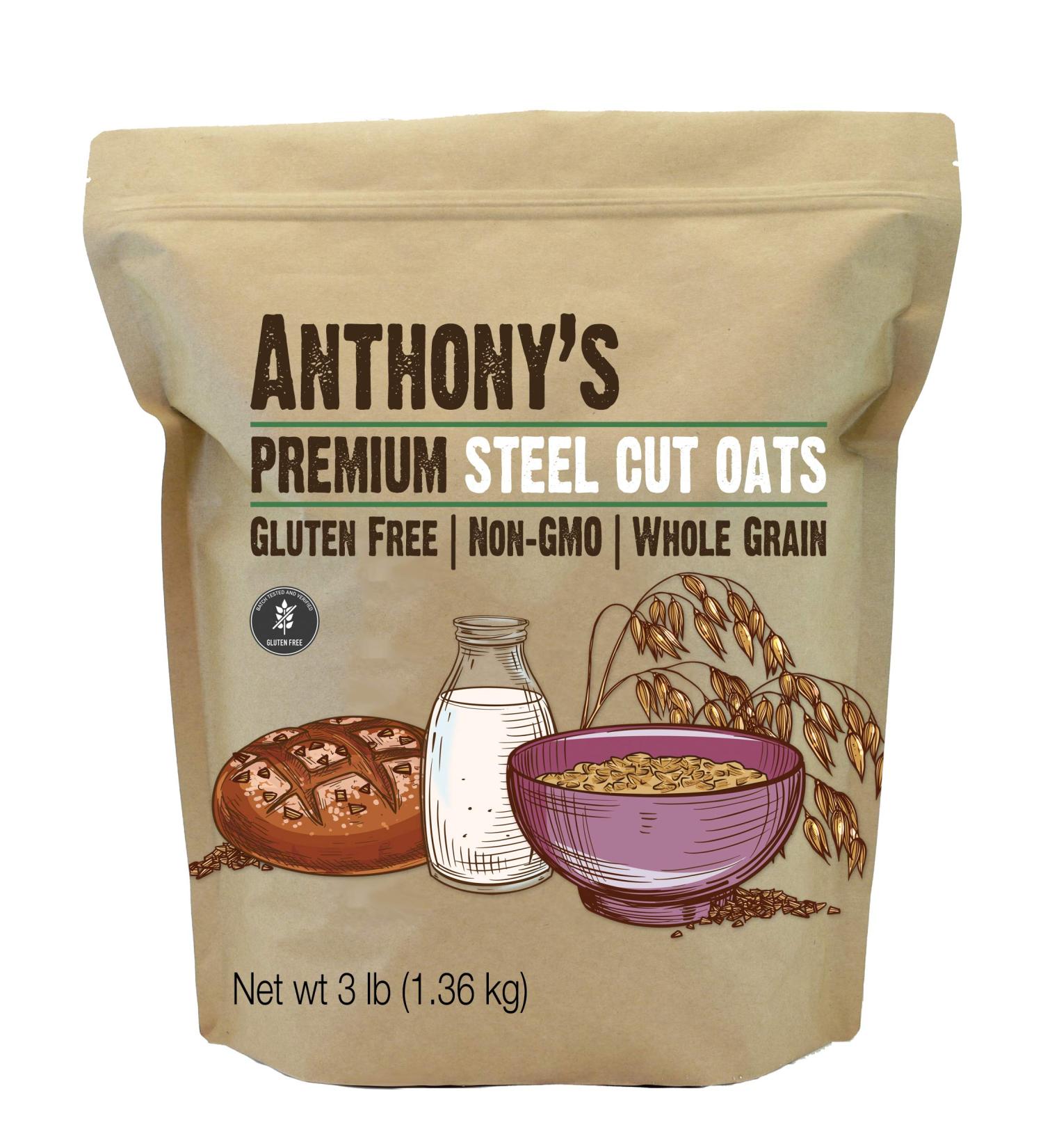 Anthony's Premium Steel Cut Oats 3 lb - Gluten Free Non GMO Irish Oatmeal - Whole Grain - 3 Pound Pack - Buy Online on GoSupps.com