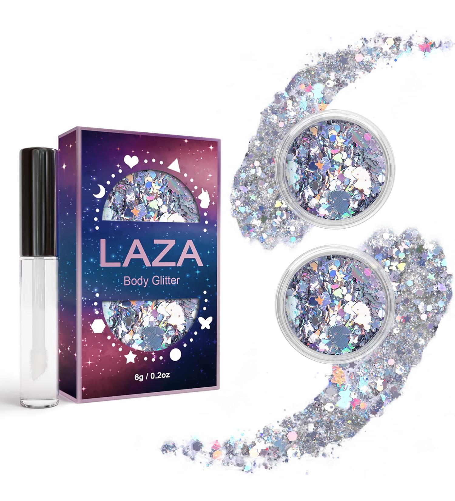 Laza Body Glitter - Holographic Chunky Sequins & Glitter Glue for Stunning Festival Makeup | Eyeshadow Face Paint & Hair Accessories | Perfect for Rave & Carnival Outfits - Buy Online on GoSupps.com