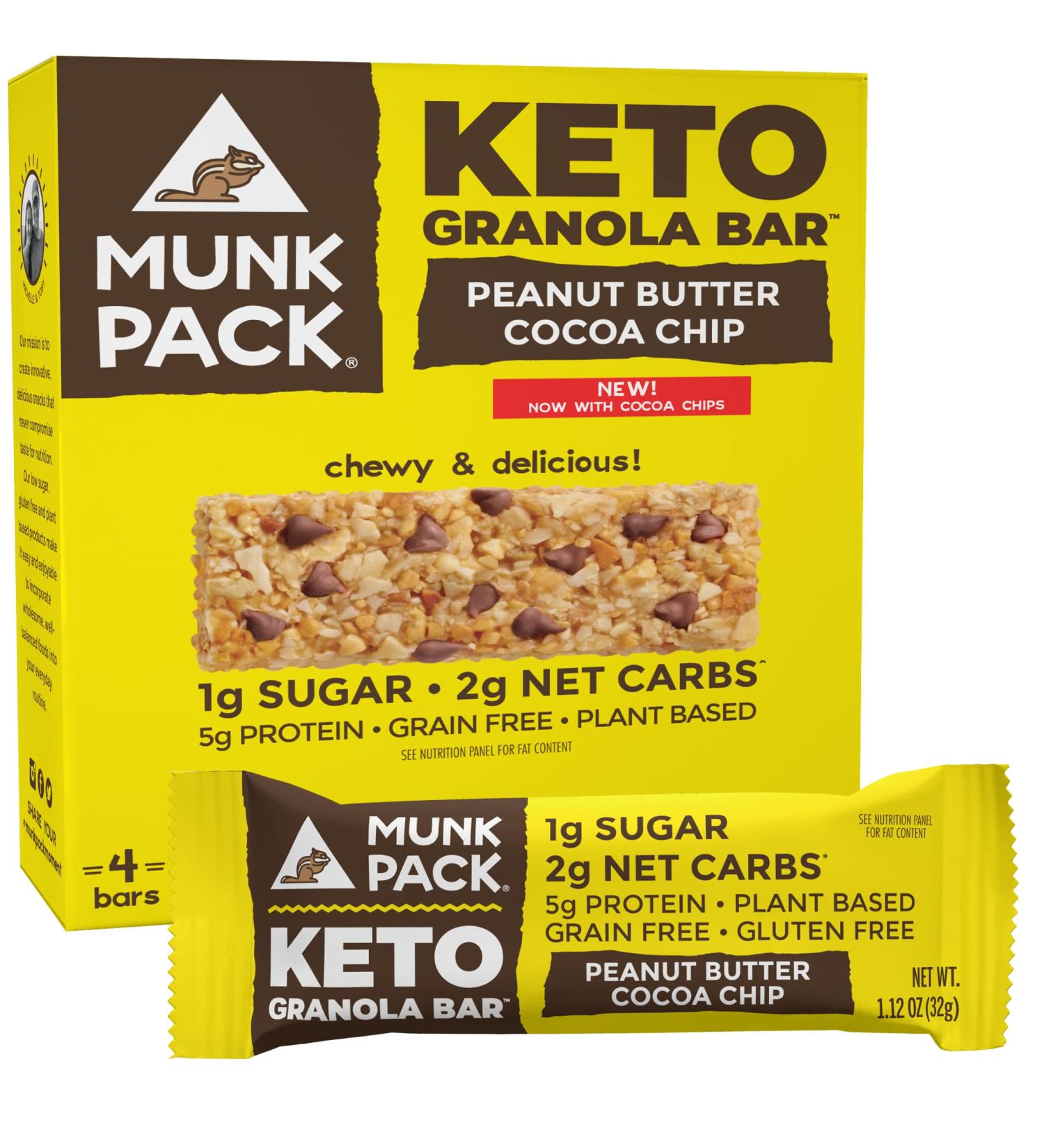 Munk Pack Keto Granola Bar | Peanut Butter Cocoa Chip | 4 Bars | Low Carb Keto Snack for Kids & Adults | Chewy Bar, No Added Sugar Treat | Keto Breakfast Food | Low Sugar, Low Carb, Plant Based Peanut Butter Cocoa Chip 1