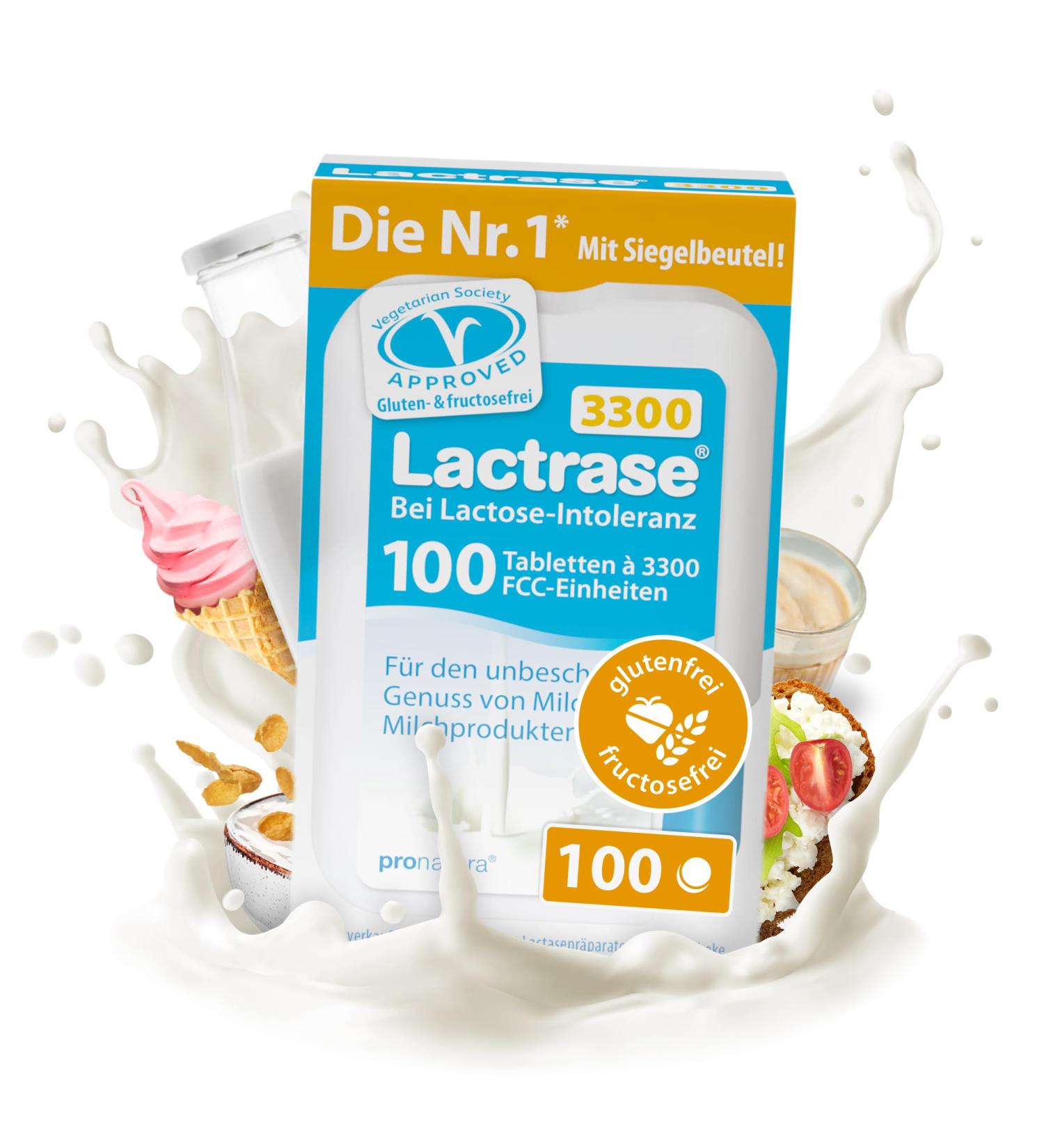 Pro Natura Lactrase 3300-100 Lactase Tablets for Lactose Intolerance - Enjoy Milk & Dairy Without Worries - Buy Online on GoSupps.com
