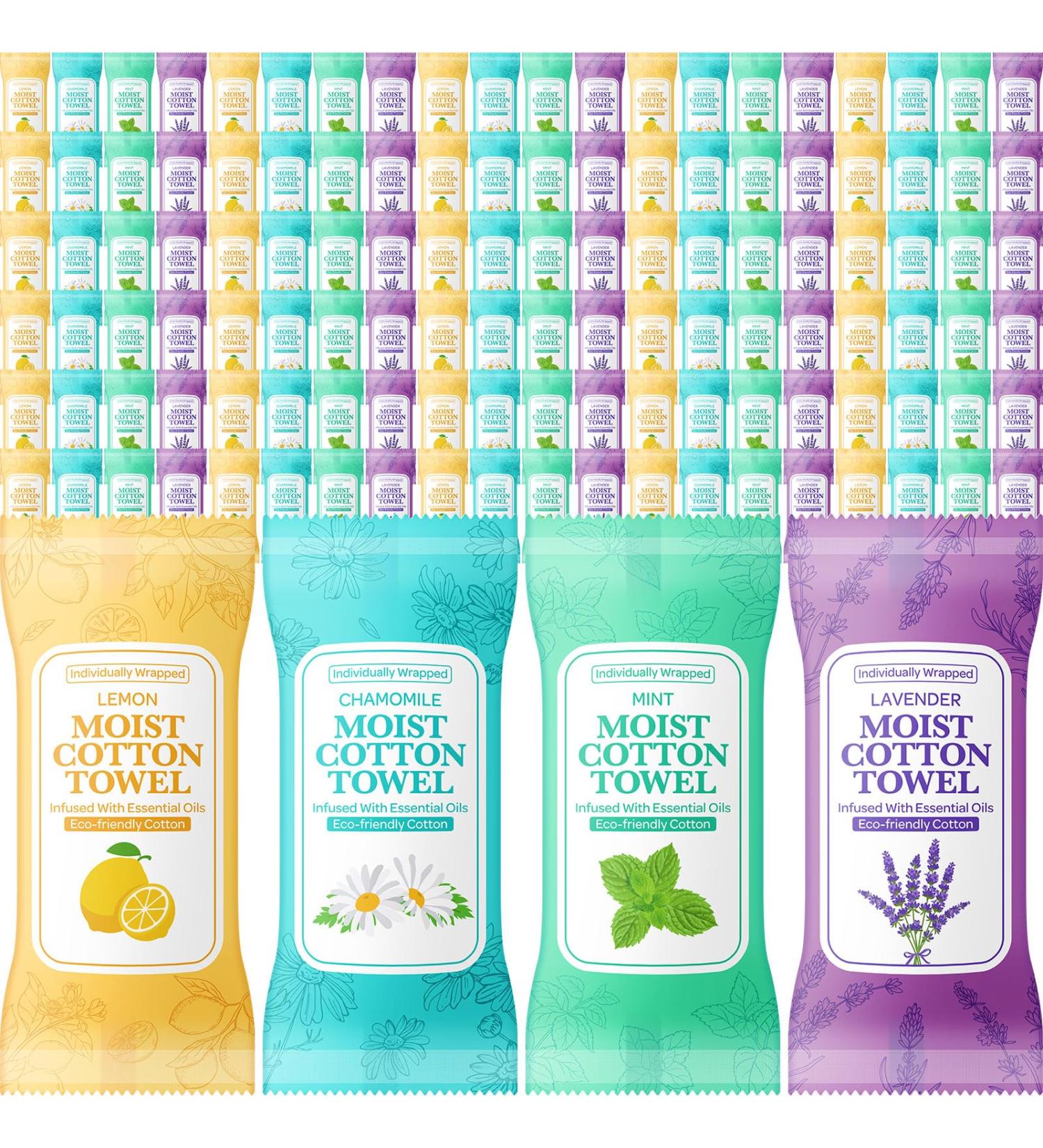 Shop Moist Cotton Towels - Individually Wrapped Disposable Wipes | 100 Pcs | Lemon Chamomile Mint & Lavender Scented Hot/Cold Cleansing Towels - Buy Online on GoSupps.com