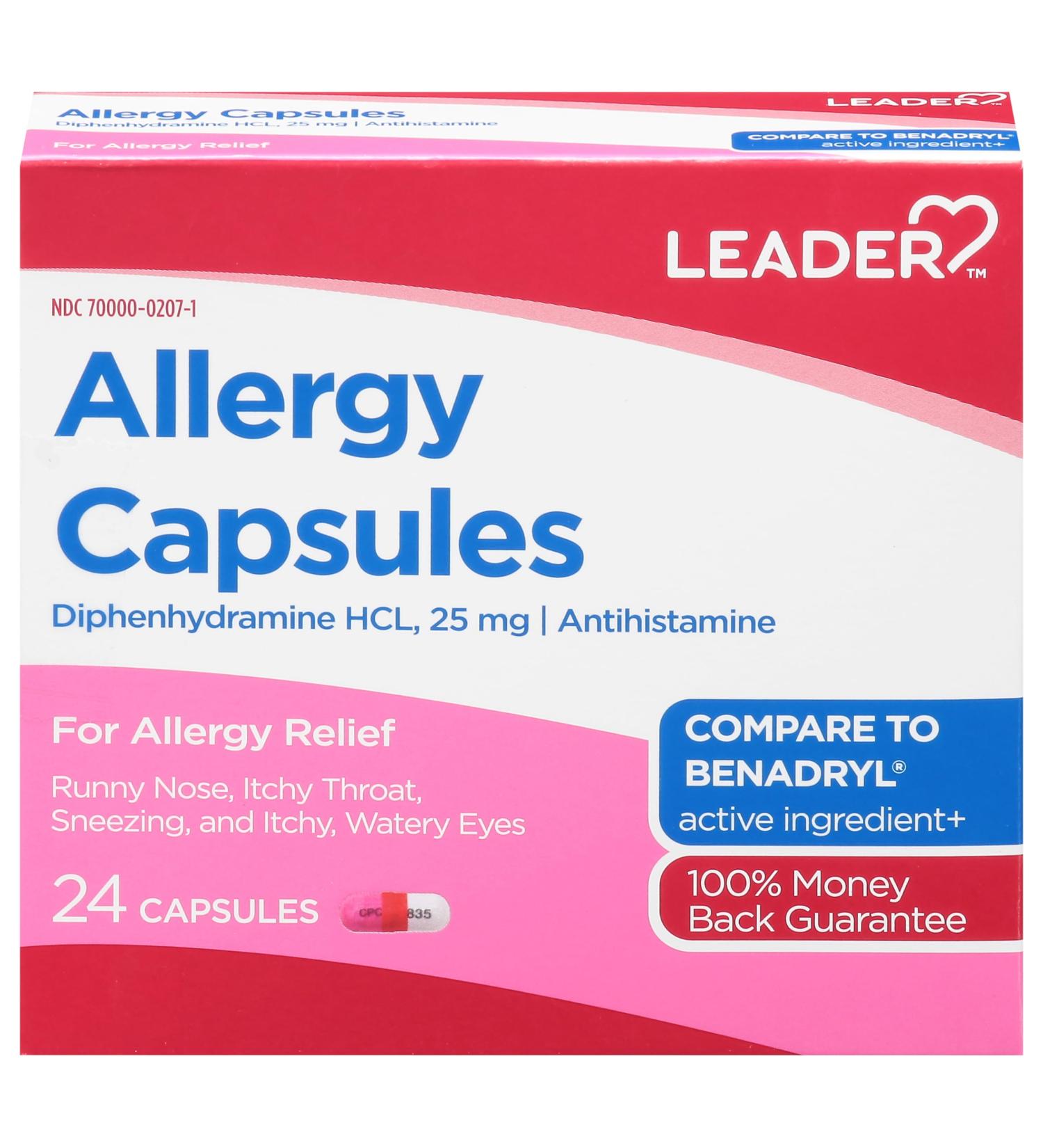 Leader Antihistamine Allergy Relief Diphenhydramine HCl 25mg Capsules 24 Count Pack of 5
