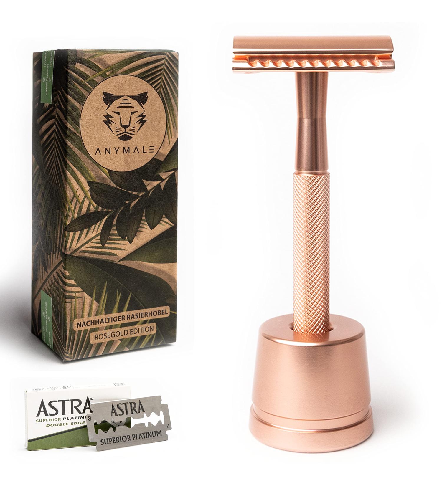ANYMALE Safety Razor Rose Gold Edition - Eco-Friendly Ladies Set with Stand & 5 ASTRA Blades - Plastic-Free Metal Razor - Buy Online on GoSupps.com