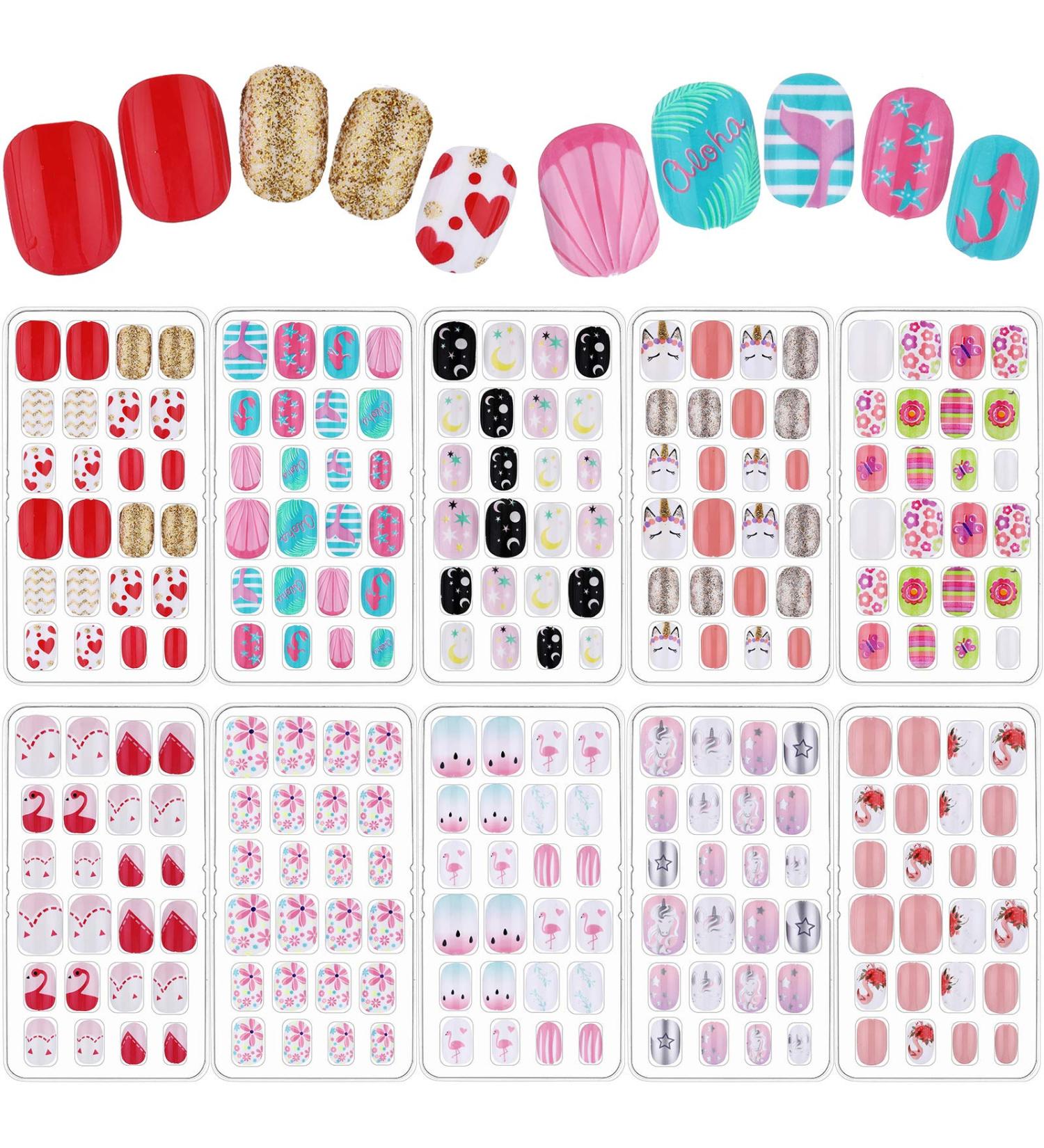 240 Piece Kids Press-on False Nails Set - Cute Pink Flower Design - Full Cover Acrylic Nail Tips for Children - Nail Decoration Kit for Girls - Buy Online on GoSupps.com