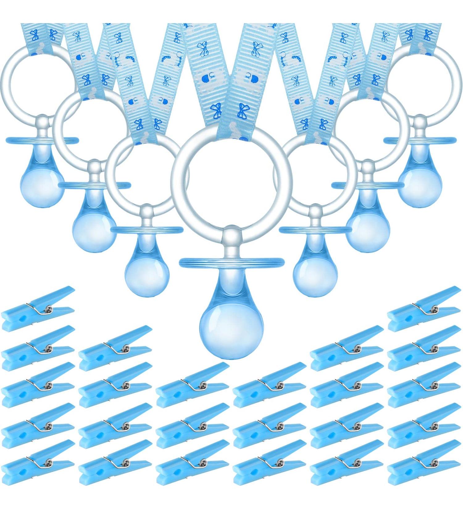 48 Pieces Baby Shower Decorations 24 Plastic Pacifiers and 24 Mini Clothes Pins Transparent Baby Showers Pacifiers Necklace Baby Girl Boy Pacifier Necklace for Party Favor Plastic Clothespins (Blue) - Buy Online on GoSupps.com