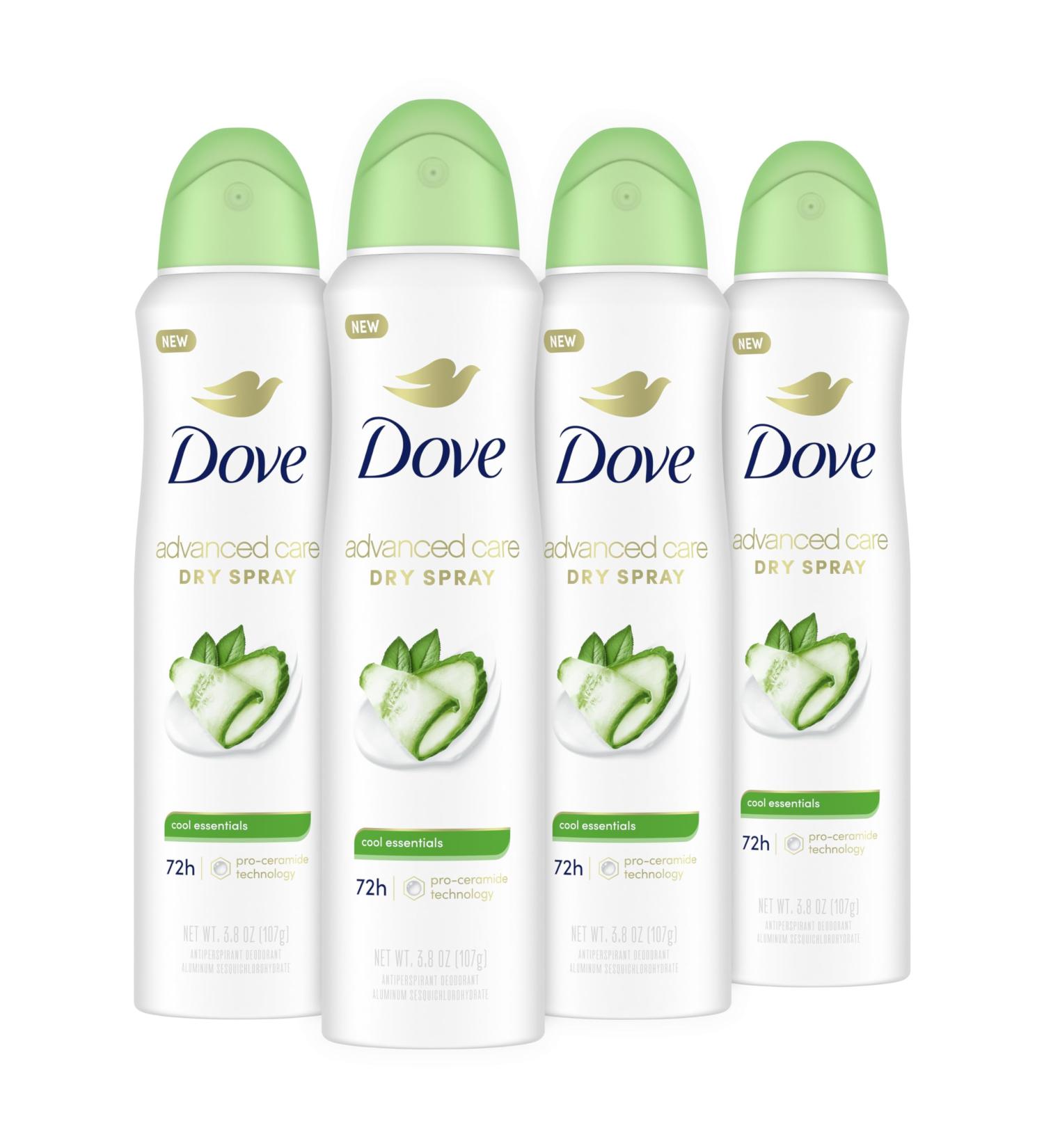 Dove Advanced Care Antiperspirant Deodorant Dry Spray Cool Essentials 4 Count Antiperspirant deodorant for helping your skin barrier repair after shaving With Pro Ceramide Technology 3.8 oz 15.2 Ounce (Pack of 1) Cool Essentials - Buy Online on GoSupps.com