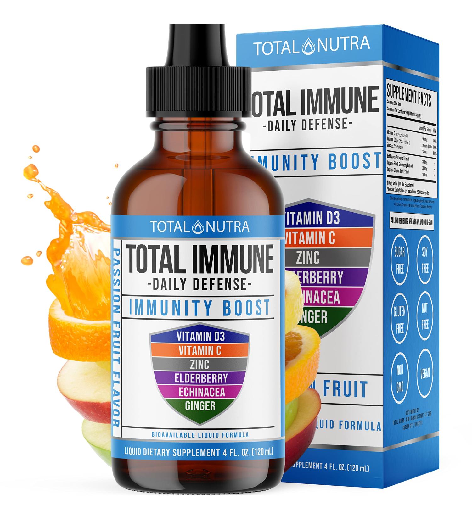 Total Nutra 6-in-1 Liquid Multivitamin with Zinc, Vitamin D3, Vitamin C Elderberry, Echinacea & Ginger - Immunity Drops for Adults & Kids - 4oz Passion Fruit Flavor - Buy Online on GoSupps.com