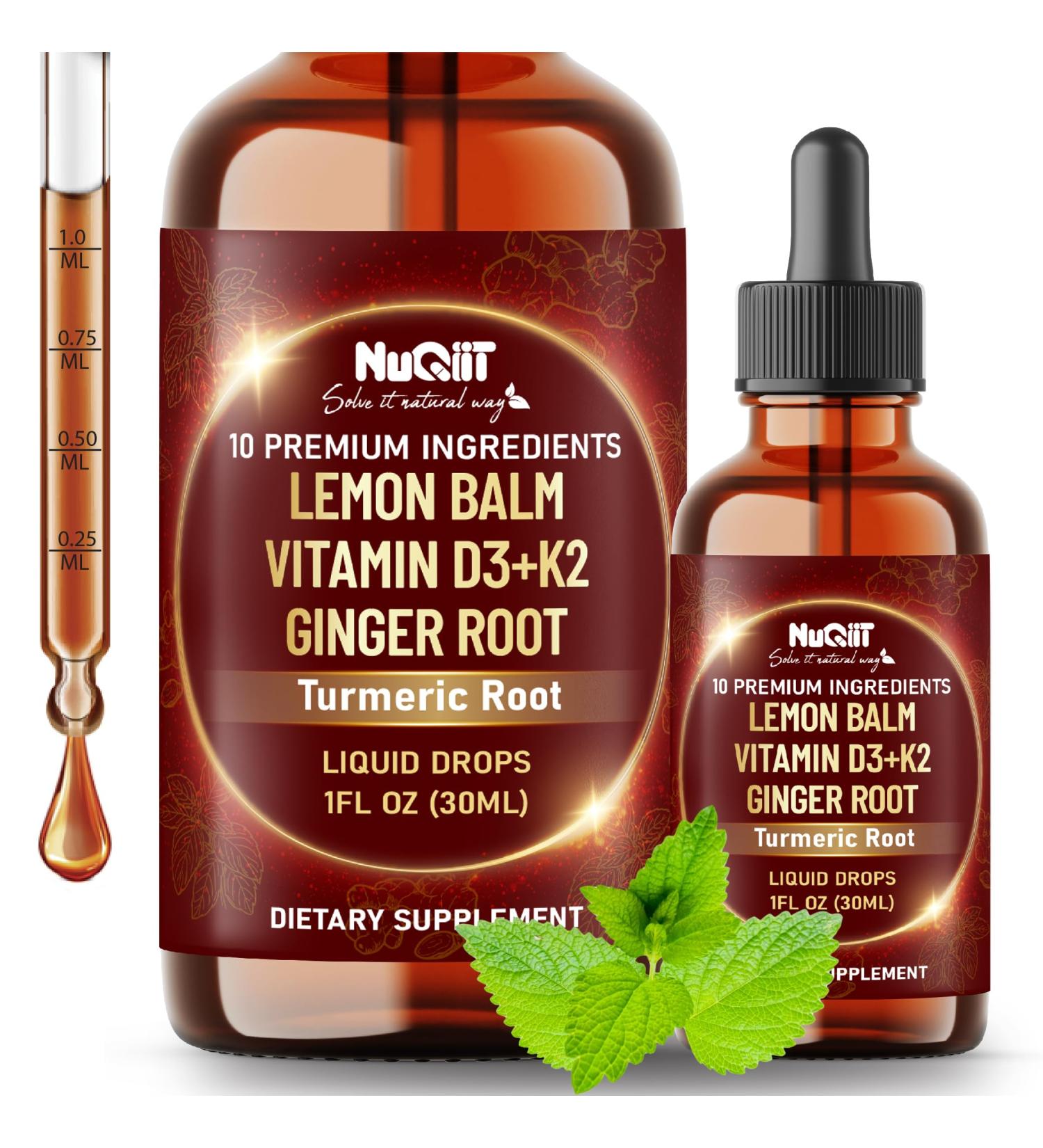 NUQIIT 10in1 Lemon Balm Tincture Blend Includes Vitamin D3 Vitamin K2 Lemon Balm Ginger Turmeric Ceylon Cinnamon and More - 1 FL Oz - 60 Day Supply - Buy Online on GoSupps.com