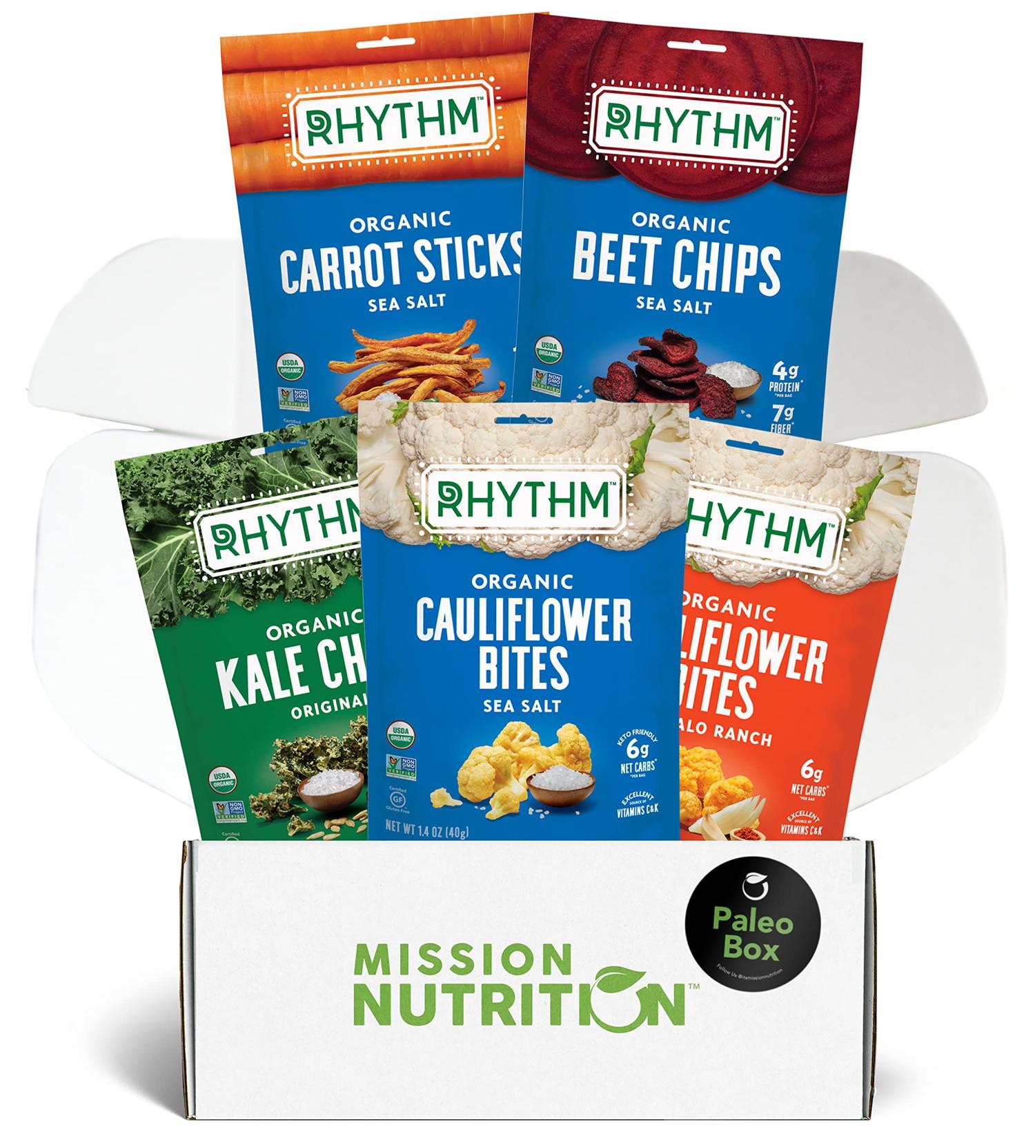Rhythm Superfoods Variety Box: Cauliflower Bites, Kale Chips, Beet Chips, Carrot Sticks - Organic, Gluten-Free, Vegan, Paleo Friendly Snacks - Buy Online on GoSupps.com