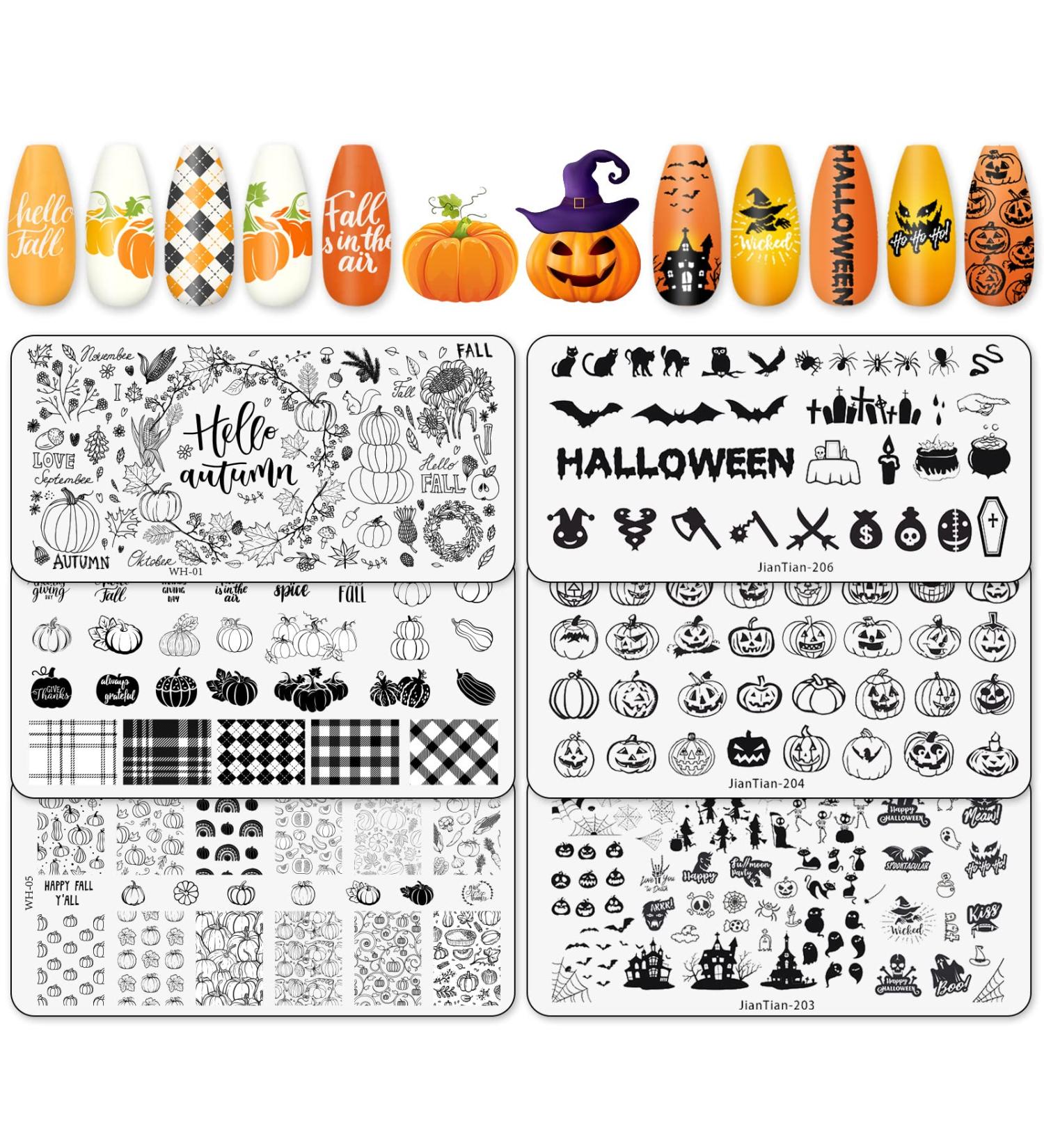 Whaline Fall Halloween Nail Art Stamping Plate Kit - Set of 6 Pumpkin Ghost & Plaid Designs for DIY Manicure | Perfect for Autumn & Thanksgiving - Buy Online on GoSupps.com