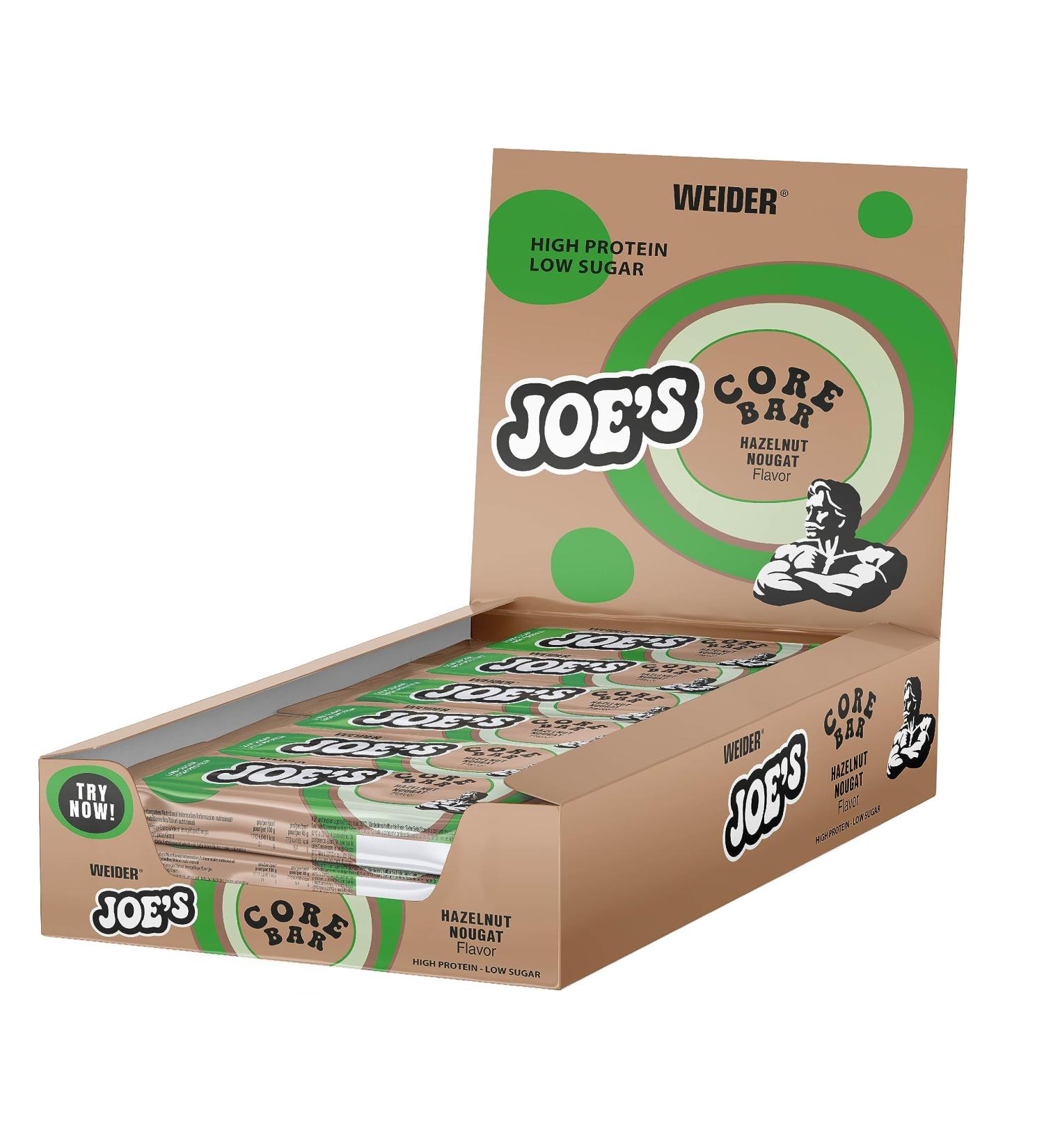 Weider Joe's Core Bar (12x45g) Hazelnut-Nougat. High Protein Bar with Soft Protein Core and Milk Chocolate Coating Low Sugar 32% Protein/Bar Real Hazelnut Chunks Optimal in diet/muscle building NOUGAT HAZELNUT 12x45g - Buy Online on GoSupps.com