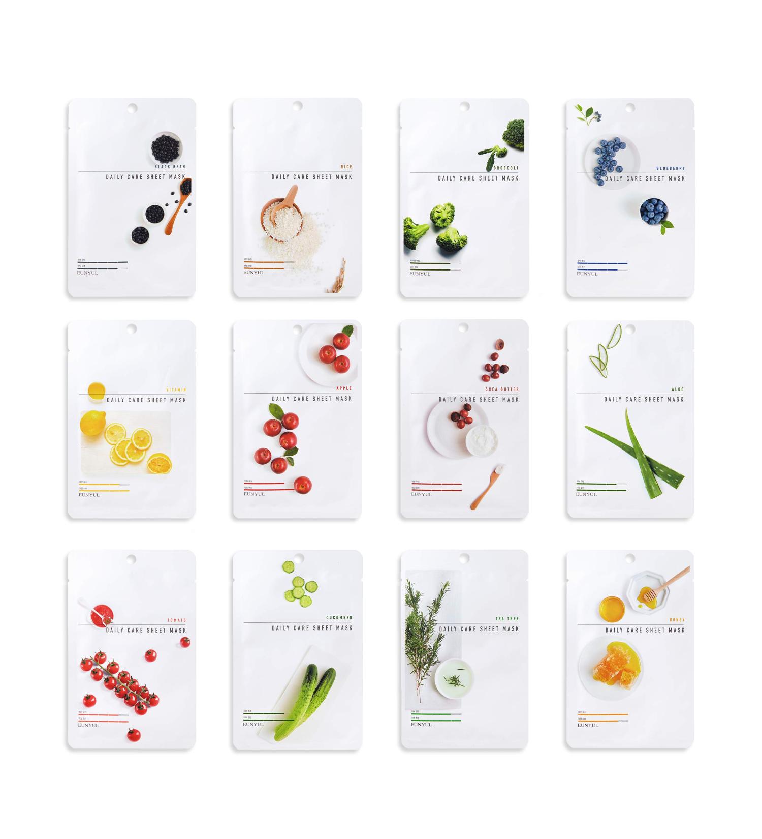 EUNYUL Daily Care Facial Sheet Mask Pack - 12 Types, Vegan Korean Skincare for Hydrating & Nourishing, Natural Ingredients - Pack of 12 - Buy Online on GoSupps.com