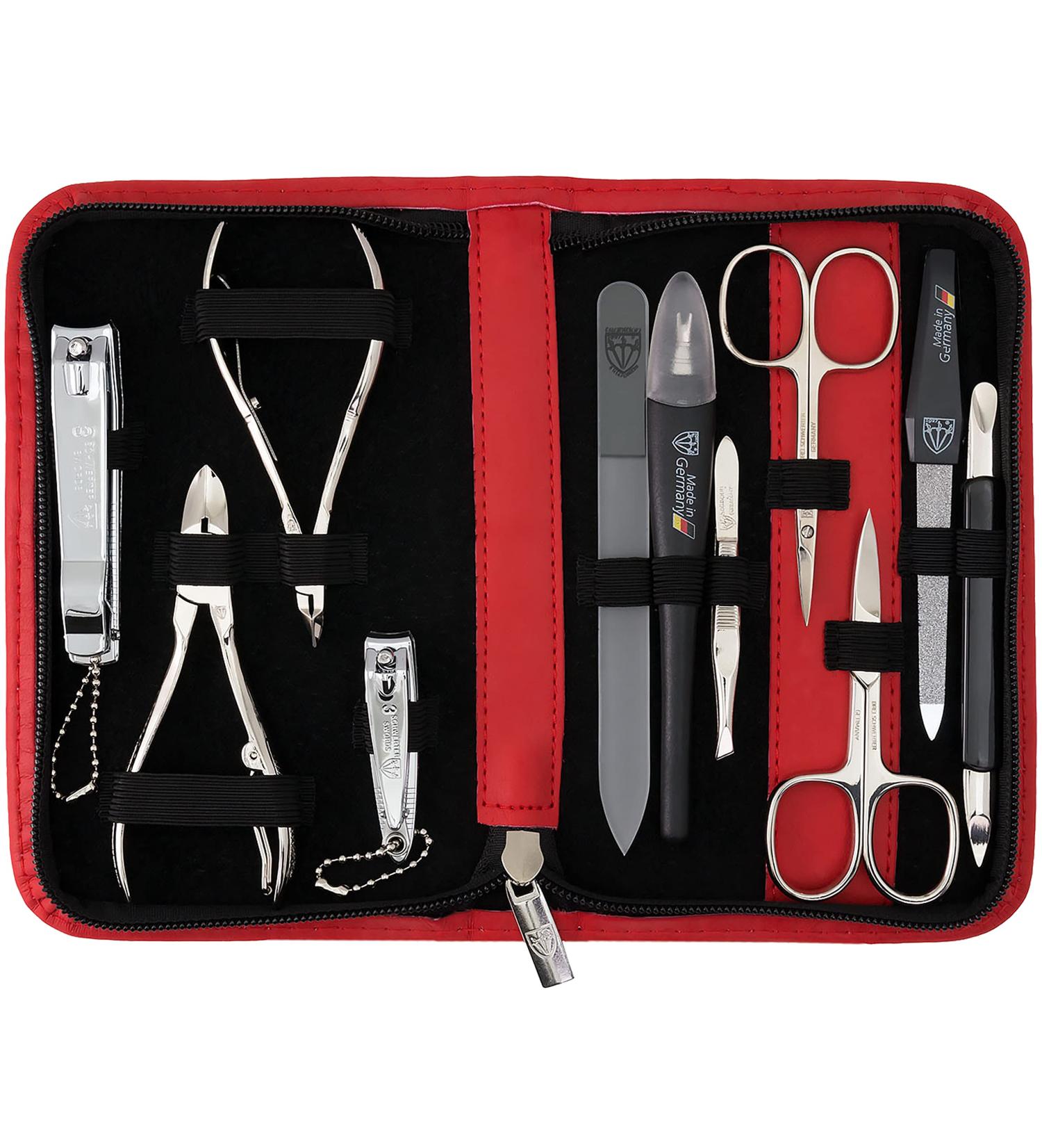 Three Swords Germany 11 PC Manicure Set Spezia | Red Real Leather Nail Kit with Scissors Tweezers & Glass Files - Buy Online on GoSupps.com