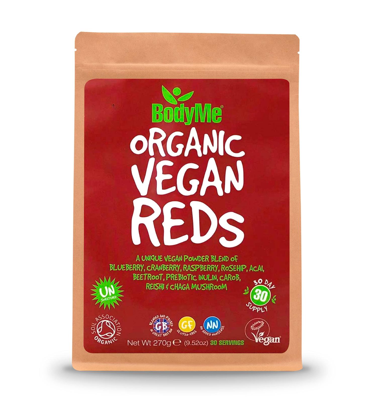 BodyMe Organic Vegan Reds Powder | 270g Super Reds Blend with Blueberry, Cranberry, Raspberry, Rosehip, Acai, Beetroot, Prebiotic Inulin, Carob, Chaga Mushroom, Reishi Mushroom - Buy Online on GoSupps.com